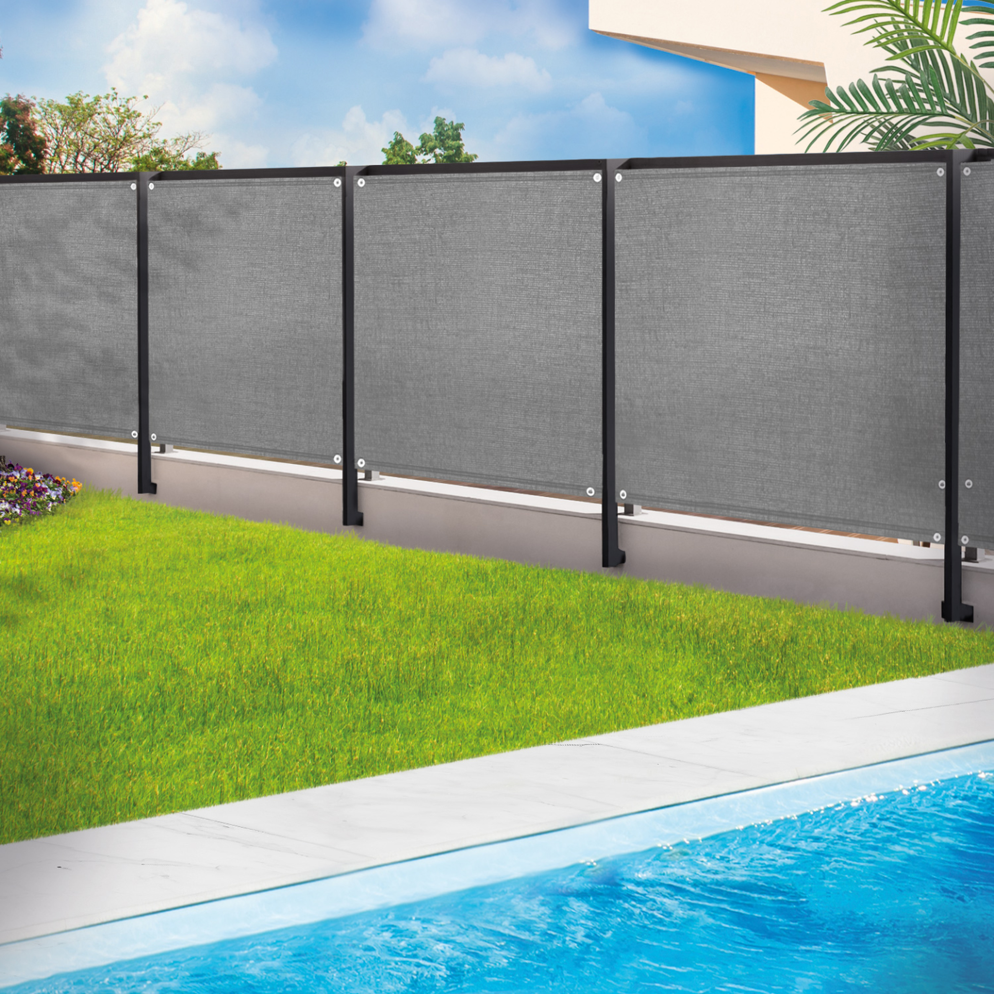 Voir la diapositive 2 : ID MARKET Brise vue renforcé 1,5 x 10 m gris clair 220 gr/m² luxe pro