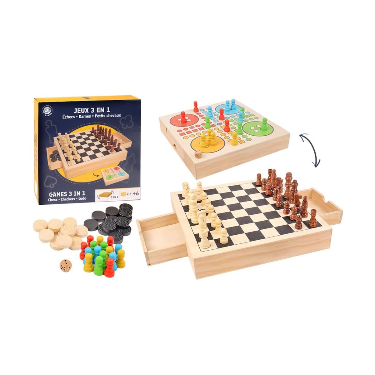 MGM 3 Jeux en 1 Jeu de Dames - Jeu d echecs et Petits Chevaux