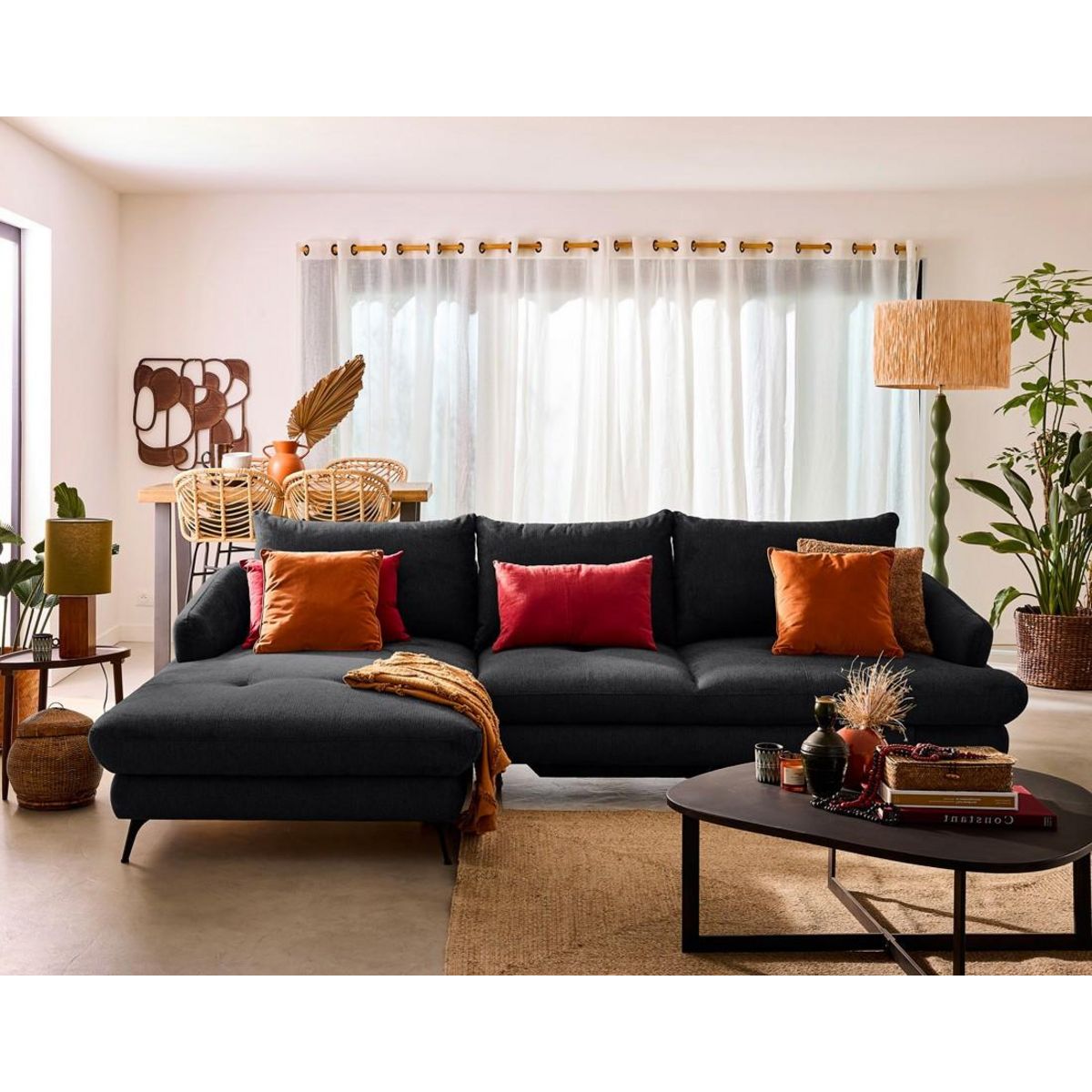 LISA DESIGN Ninon - canapé d'angle gauche 4 places convertible avec coffre en tissu texturé