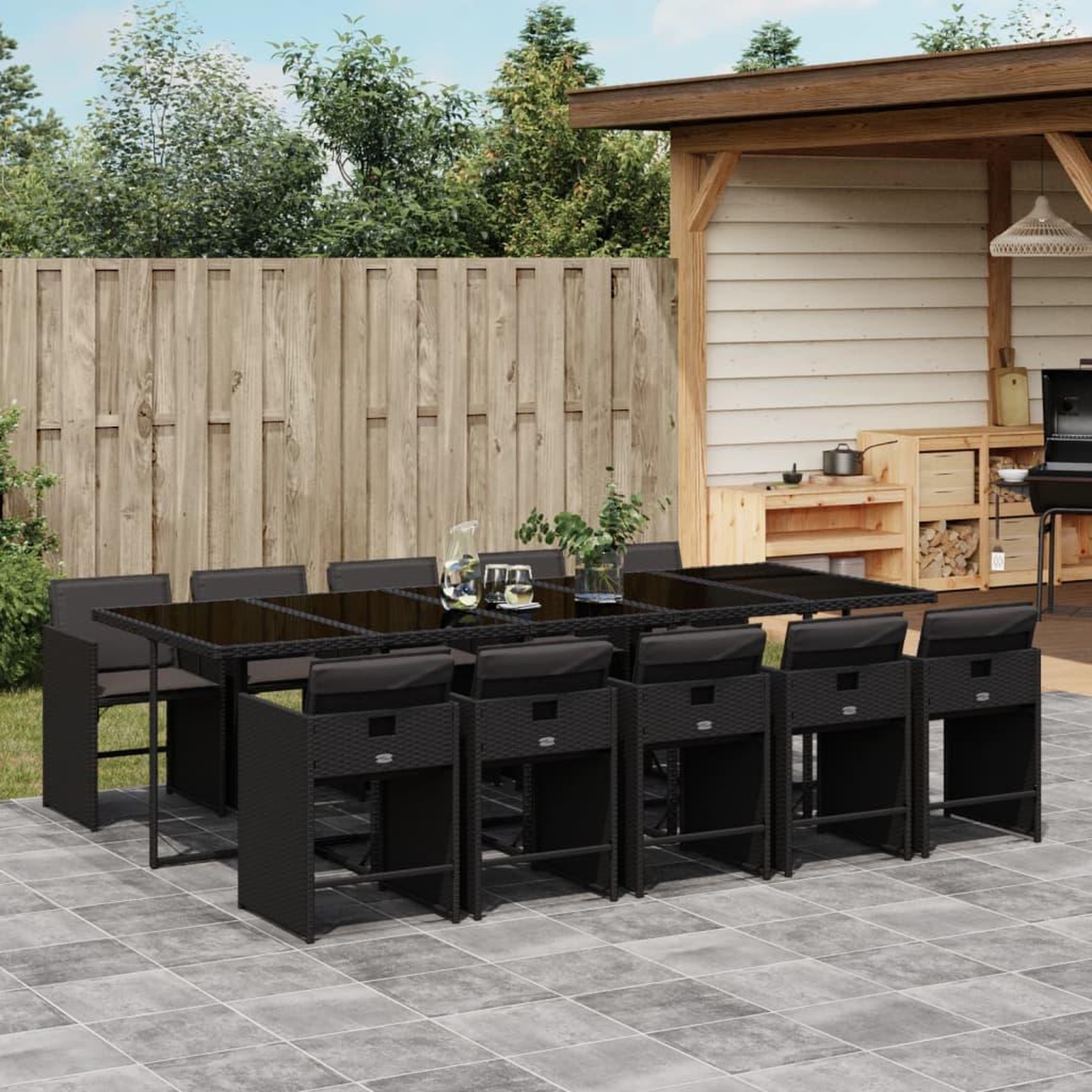 VIDAXL Ensemble a manger de jardin 11 pcs coussins noir resine tressee