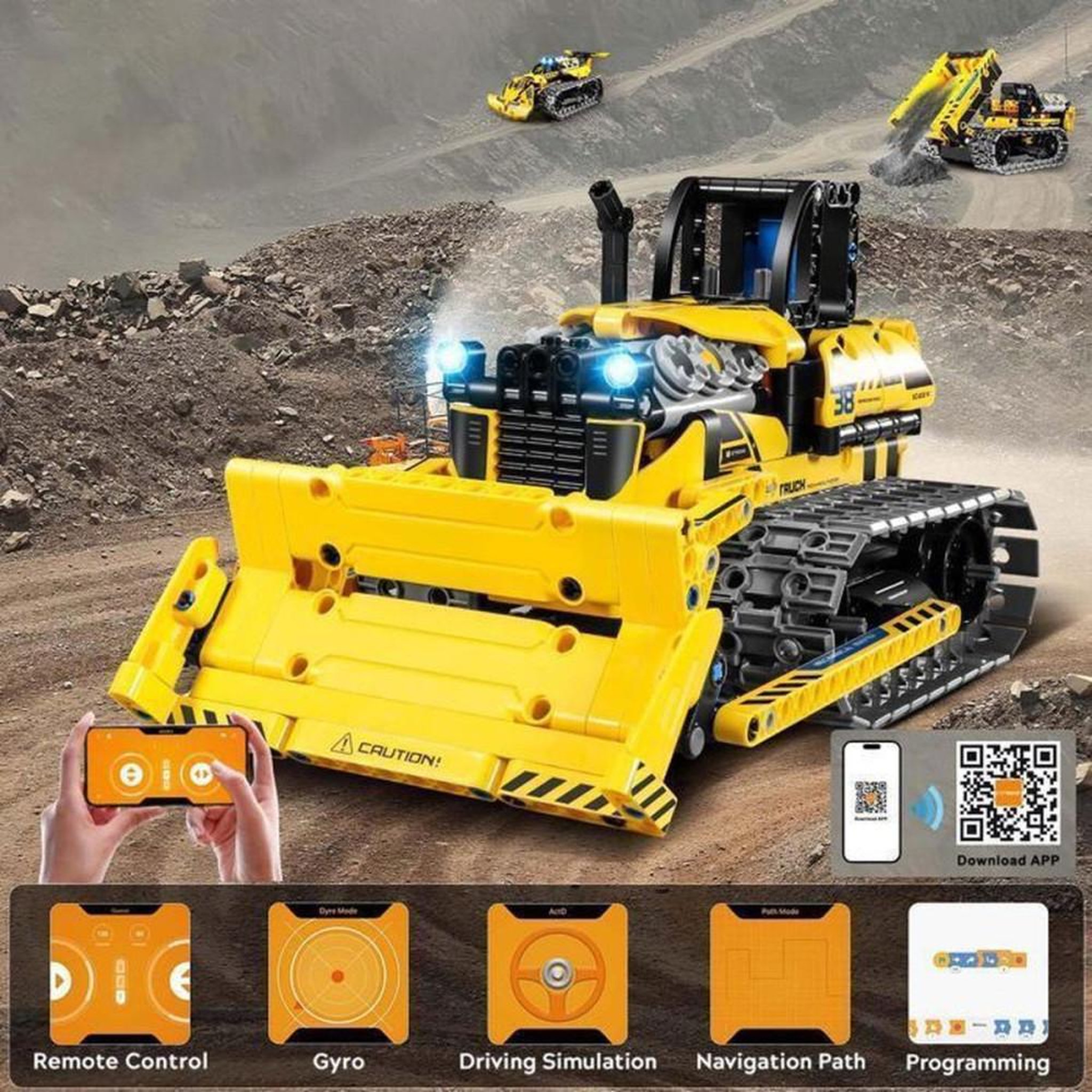 Voir la diapositive 4 : Coffret de construction RC 3 en 1 programmable 2,4 GHz 452 pièces – bulldozer, benne et véhicule chenillé