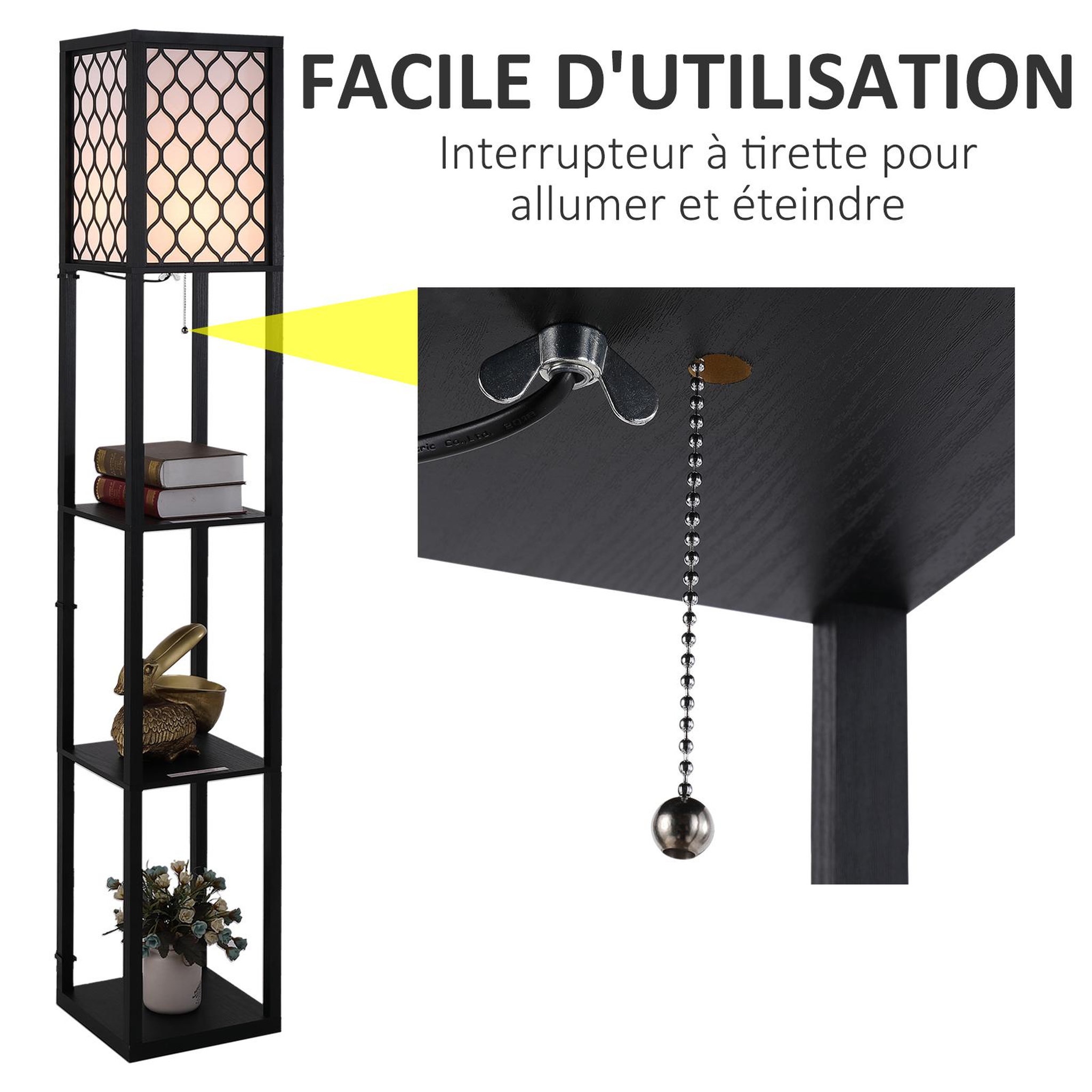 Voir la diapositive 5 : HOMCOM Lampadaire étagère lampe étagère 26l x 26l x 160h cm 3 étagères 4 niveaux mdf noir motif nid d'abeille