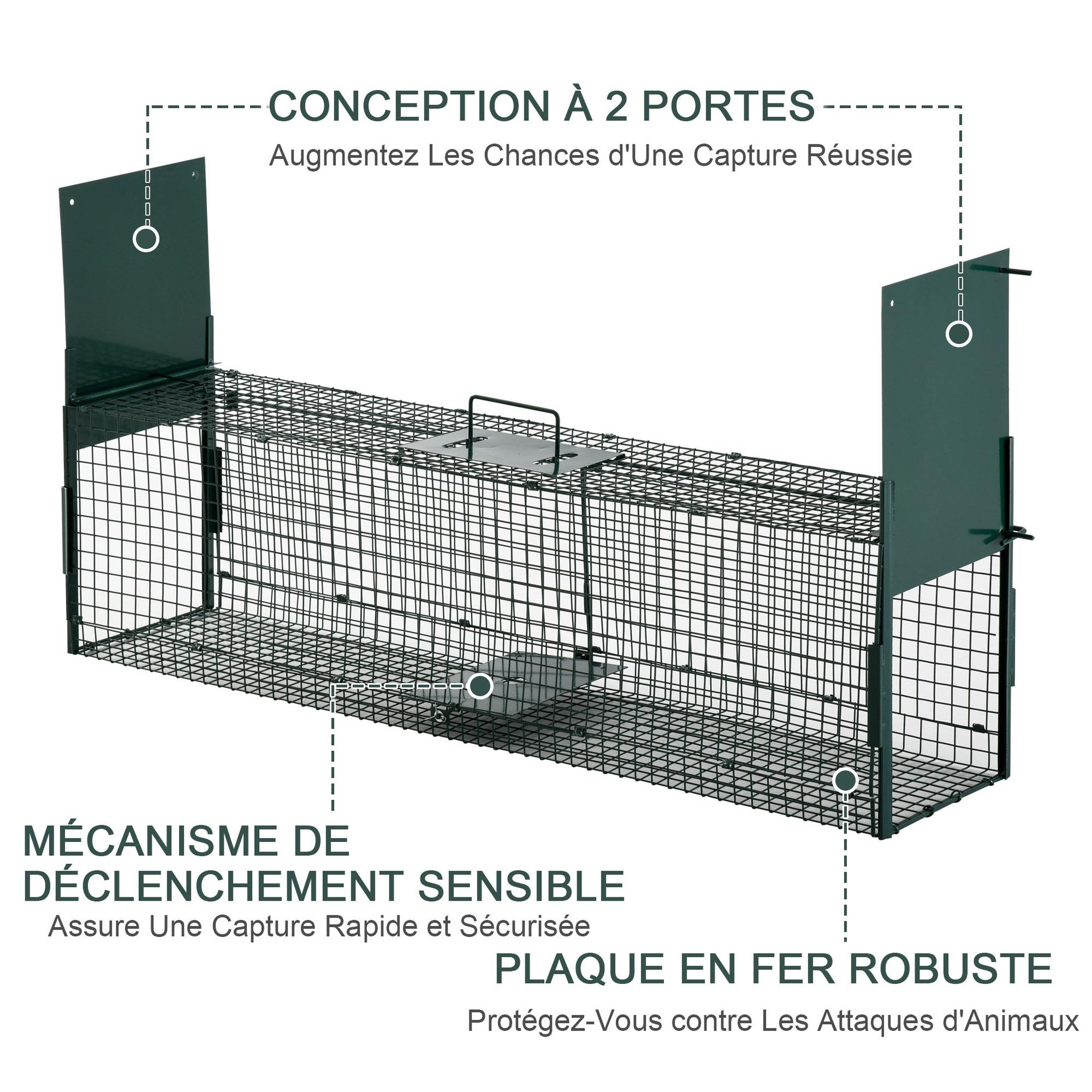 Voir la diapositive 4 : PAWHUT Piège de capture pour petits animaux type lapin rat - 2 entrées + poignée - dim. 100L x 25l x 28H cm - métal vert