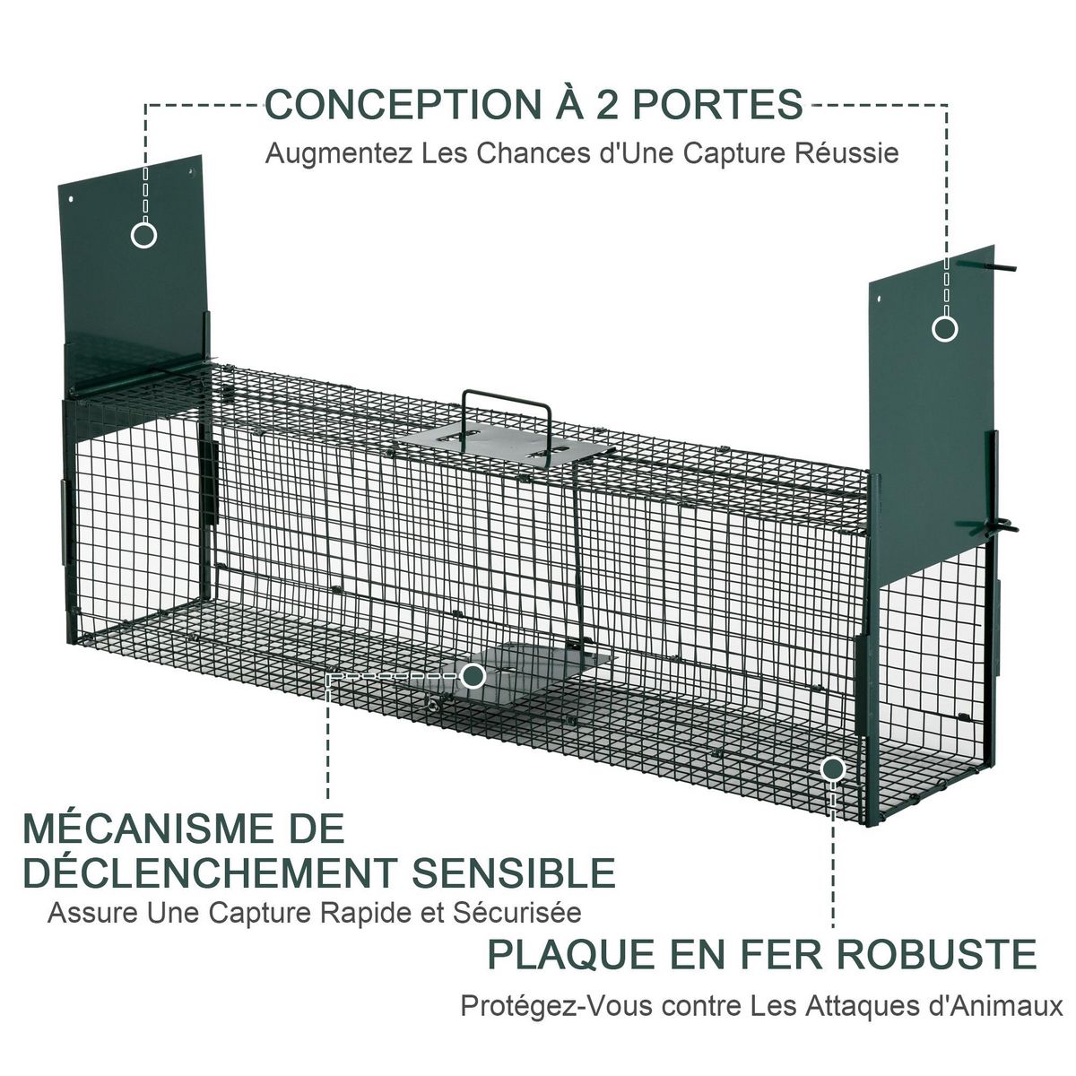 PAWHUT Piège de capture pour petits animaux type lapin rat - 2 entrées + poignée - dim. 100L x 25l x 28H cm - métal vert