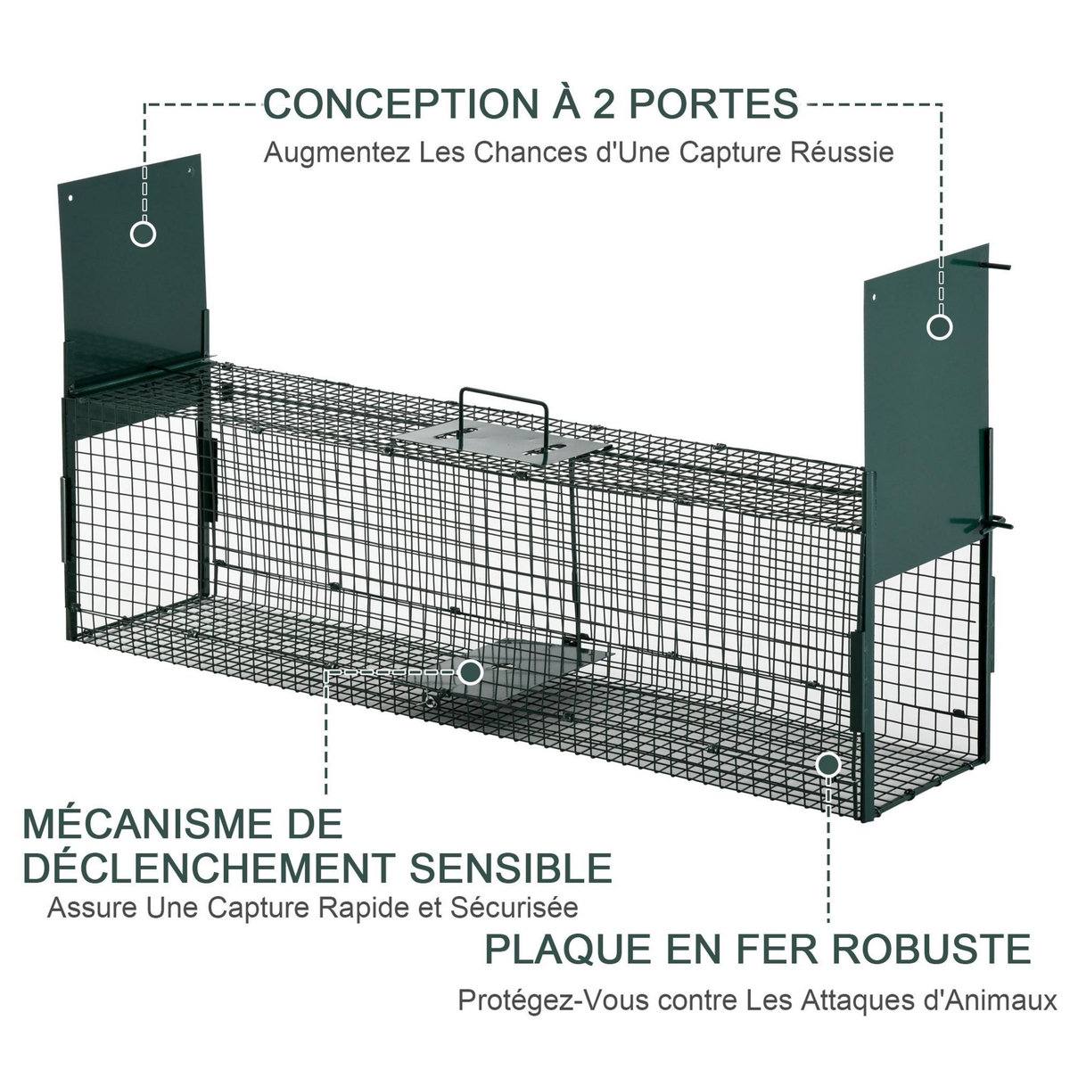 PAWHUT Piège de capture pour petits animaux type lapin rat - 2 entrées + poignée - dim. 100L x 25l x 28H cm - métal vert