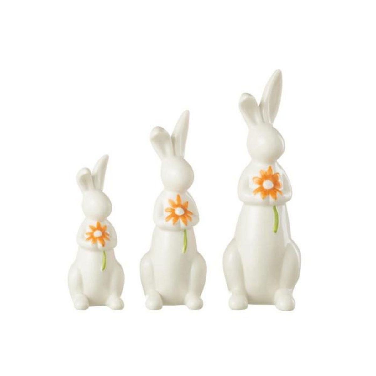 Paris Prix Lot de 3 Statuettes Lapins  Fleurs  23cm Blanc & Orange