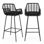 ID MARKET Lot de 2 tabourets de bar SUMMER avec accoudoirs effet rotin noir pied métal noir
