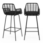 Voir la diapositive 1 : ID MARKET Lot de 2 tabourets de bar SUMMER avec accoudoirs effet rotin noir pied métal noir