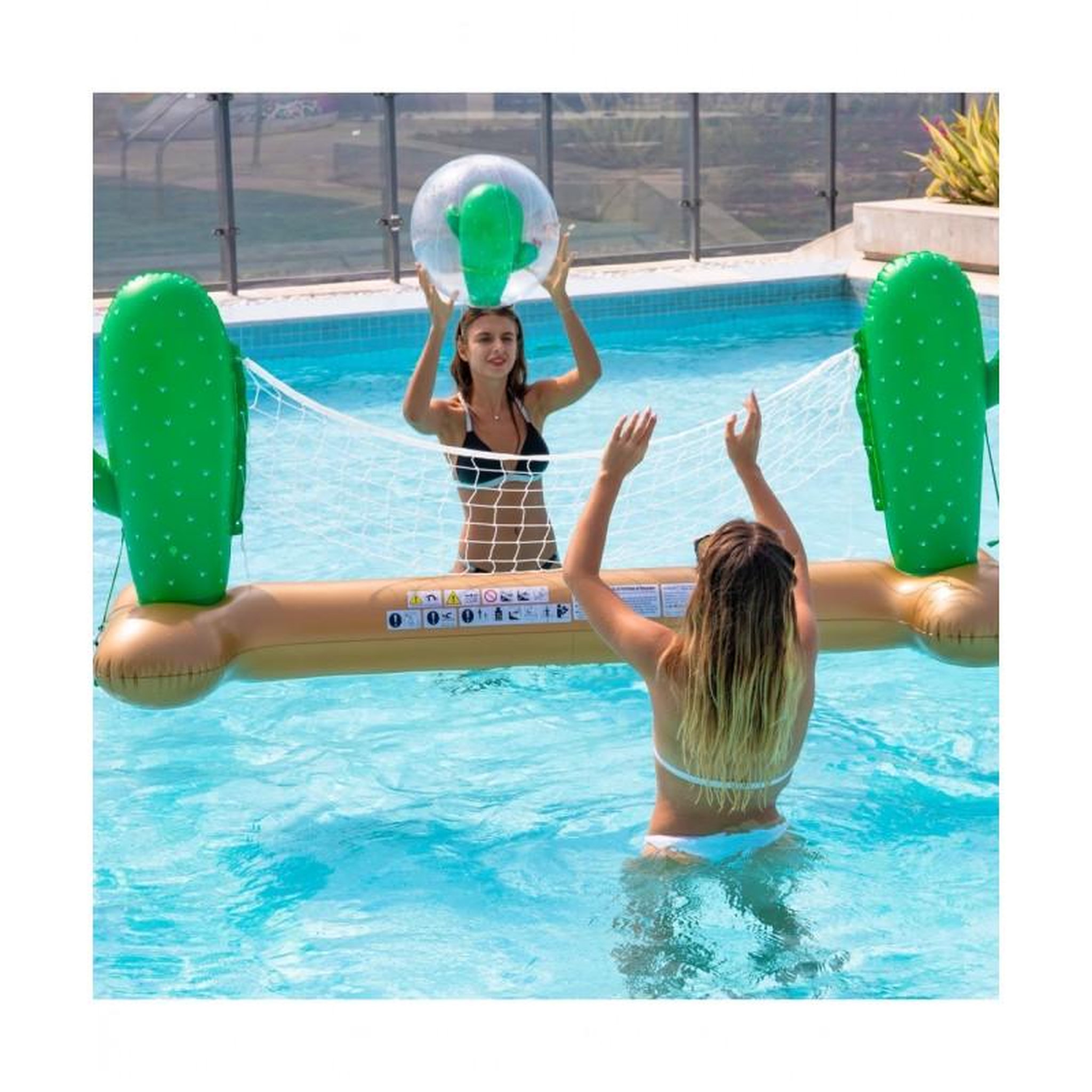 Voir la diapositive 2 : AIRMYFUN Filet de volley Gonflable et Flottant + Ballon Gonflable pour Piscine & Plage - Pack Sport Cactus