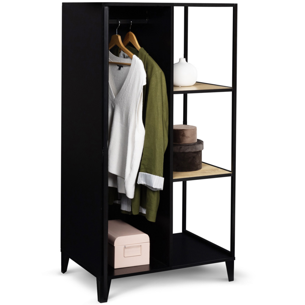 ID MARKET Armoire-étagère penderie ESTER 1 porte métal noir et bois design industriel