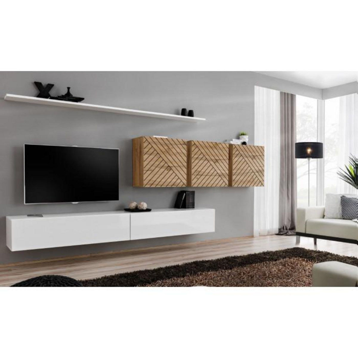 Paris Prix Ensemble Meuble TV  Switch Lamel VII  340cm Blanc & Naturel