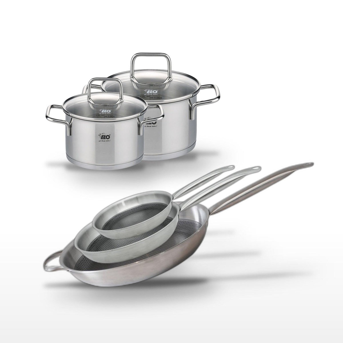 ELO Lot de 3 Poêles 24/28/32 cm Elo Relief Solution et 2 Faitouts 12/14 cm