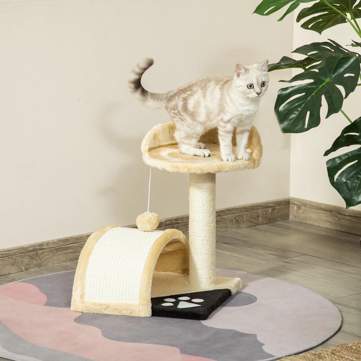 PAWHUT Arbre à chat griffoir grattoir design jeu boule suspendue + plateforme peluche sisal naturel beige