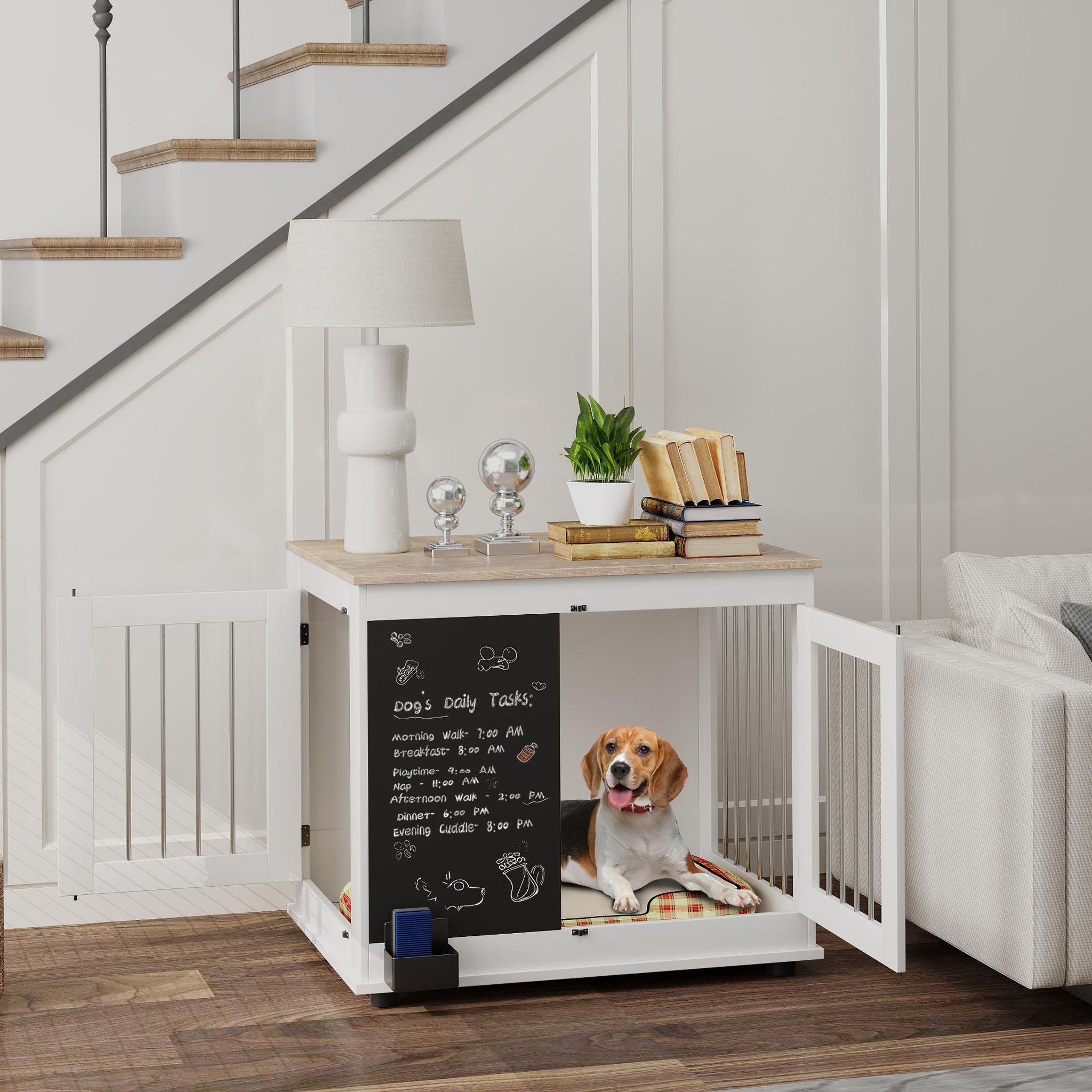 Voir la diapositive 2 : PAWHUT Cage pour chien intérieur - cage d'intérieur design - 2 portes - tableau noir pour craie - barreaux acier