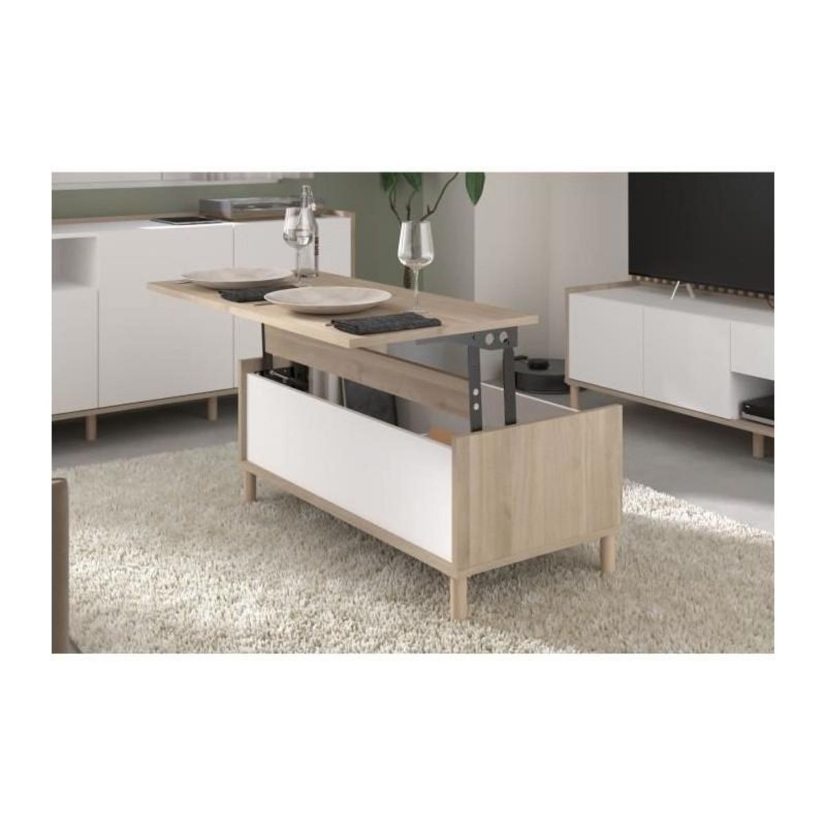 PARISOT Table basse - Rectangulaire - Décor blanc / Chene - Dessus relevable - 4 pieds - 100,8 x 43,6 x 50 cm