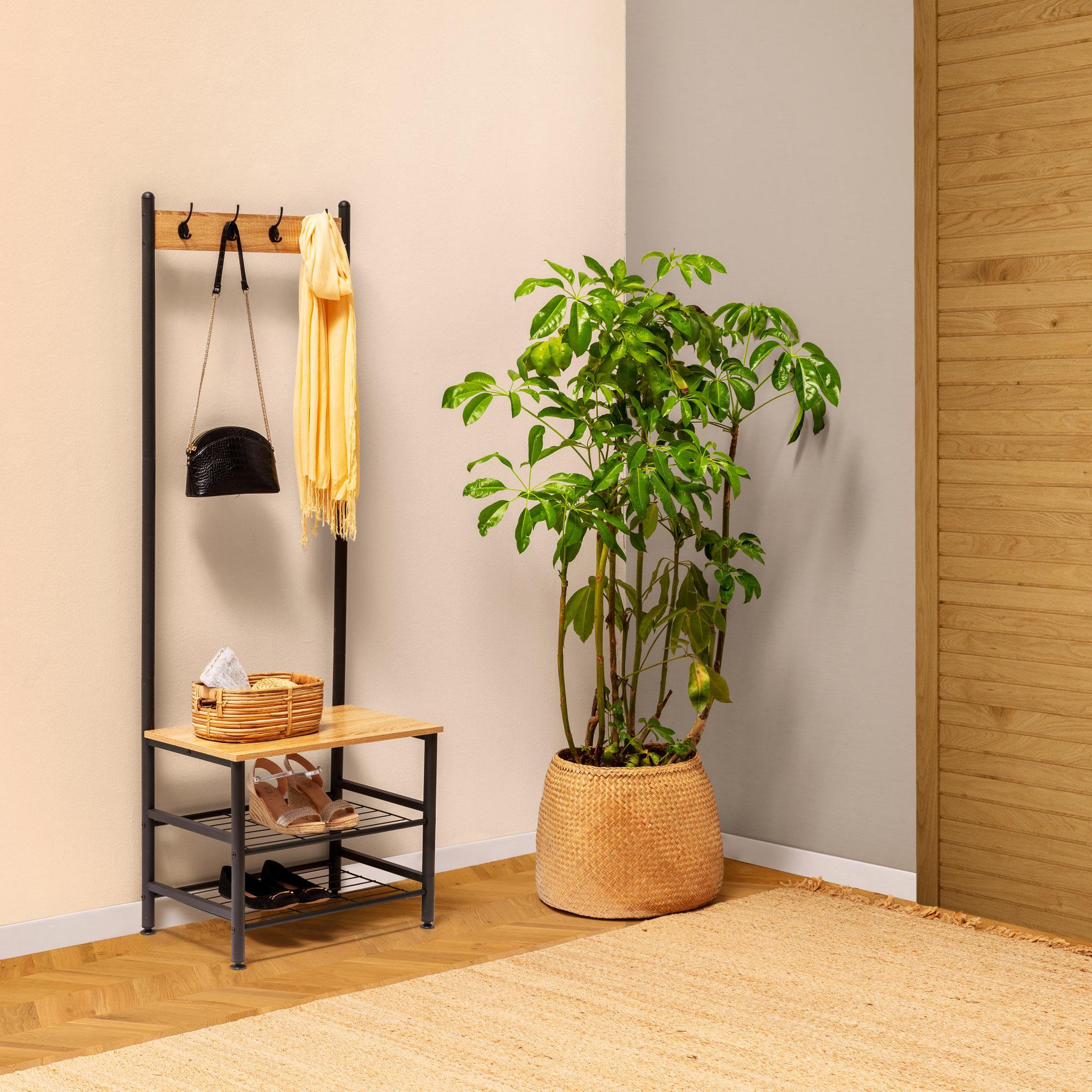 Voir la diapositive 4 : VS VENTA-STOCK Portemanteau Lola avec étagère avec banc 2 étagères, couleur chêne/noir