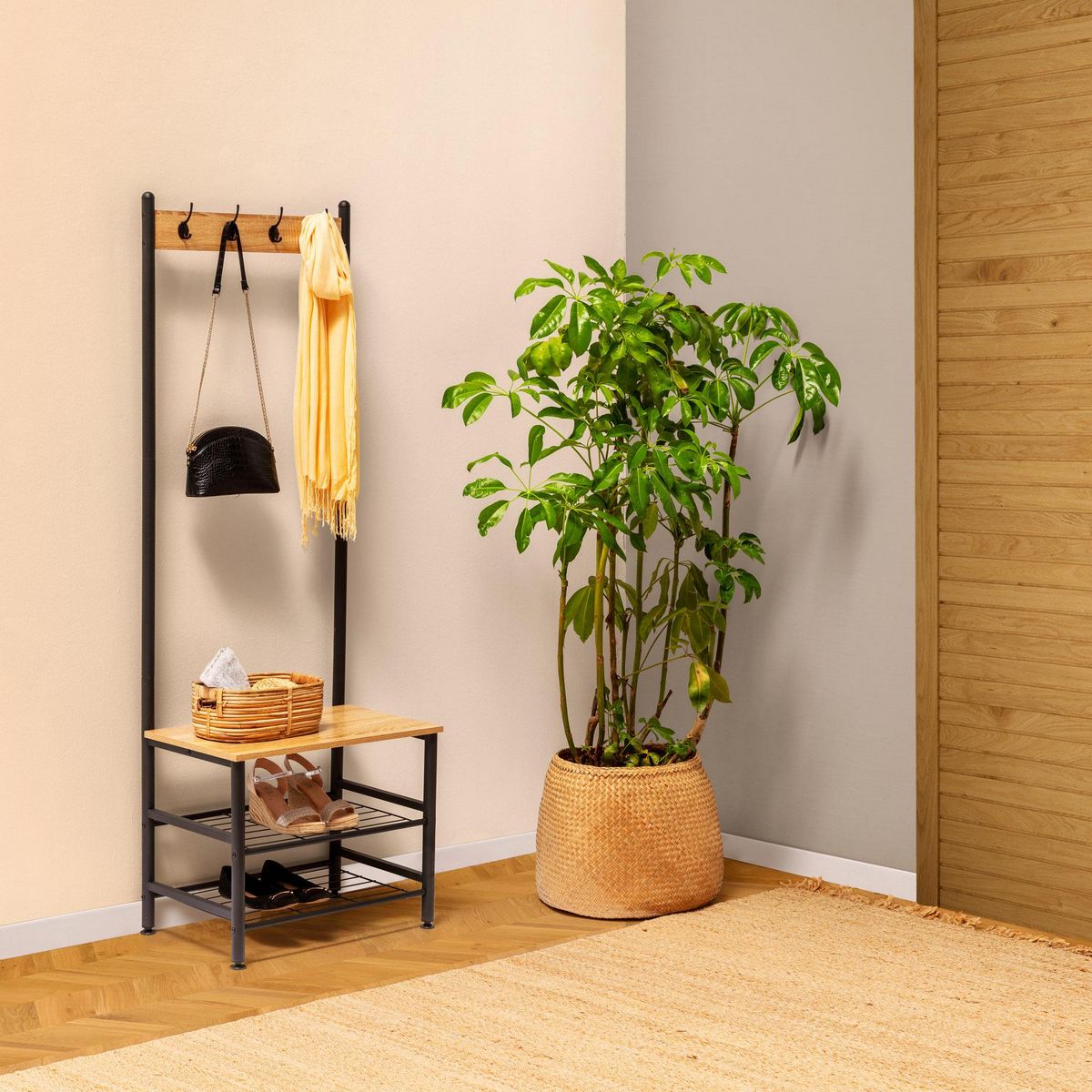 VS VENTA-STOCK Portemanteau Lola avec étagère avec banc 2 étagères, couleur chêne/noir