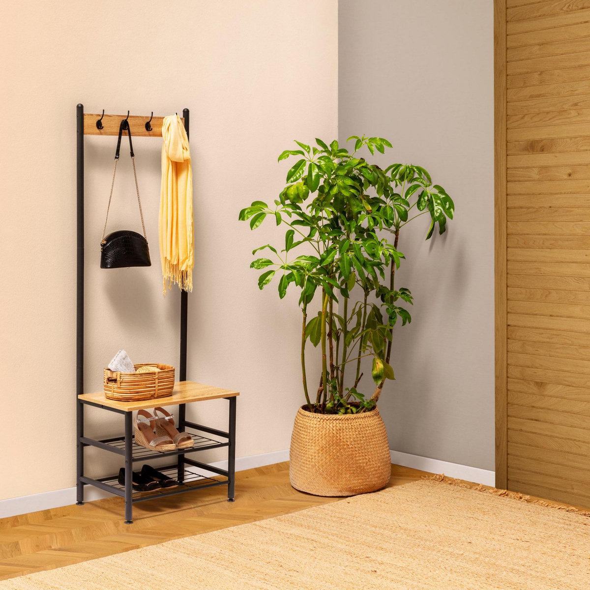 VS VENTA-STOCK Portemanteau Lola avec étagère avec banc 2 étagères, couleur chêne/noir