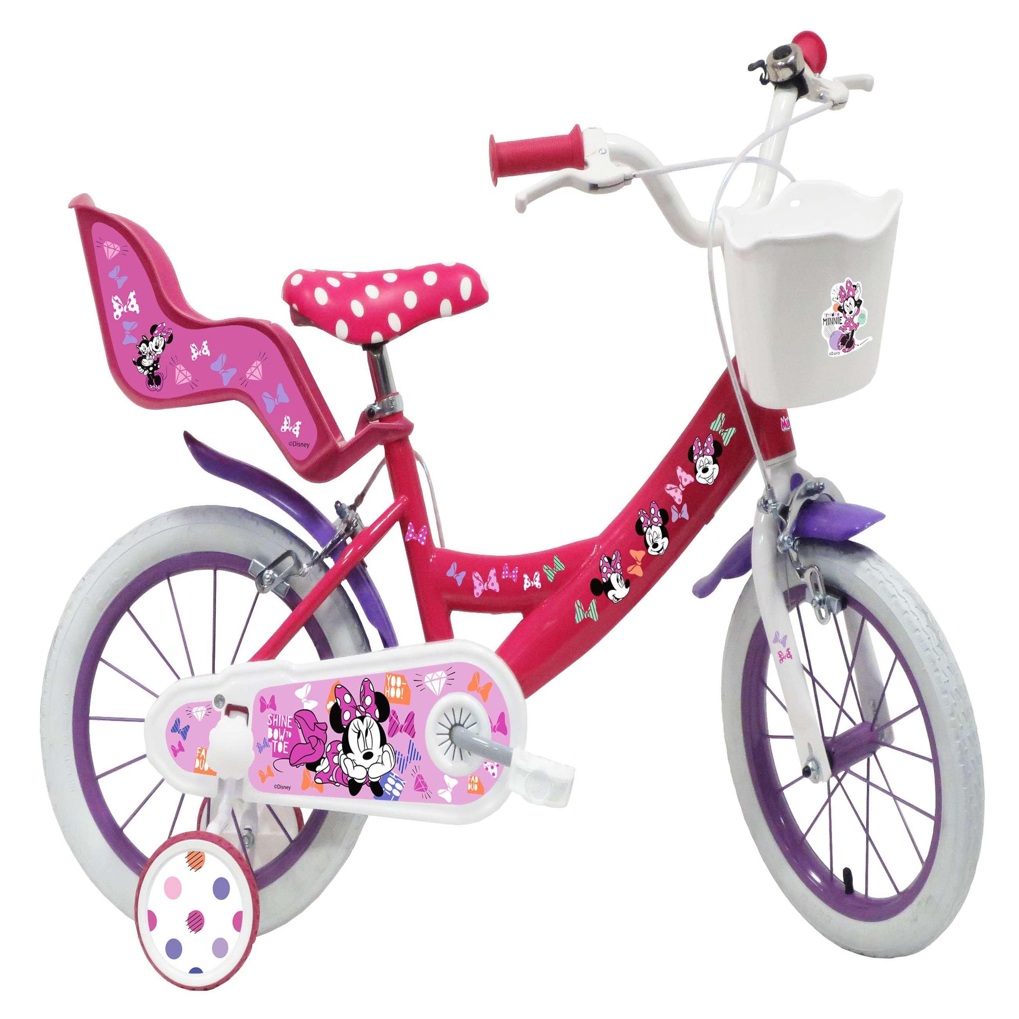 Disney Minnie Vélo enfant 14'' Fille - Modèle Minnie  pour enfant de taille 95 à110 cm - Livré avec stabilisateurs - Panier avant - Porte poupée arrière - 2 freins & Roues gonflables
