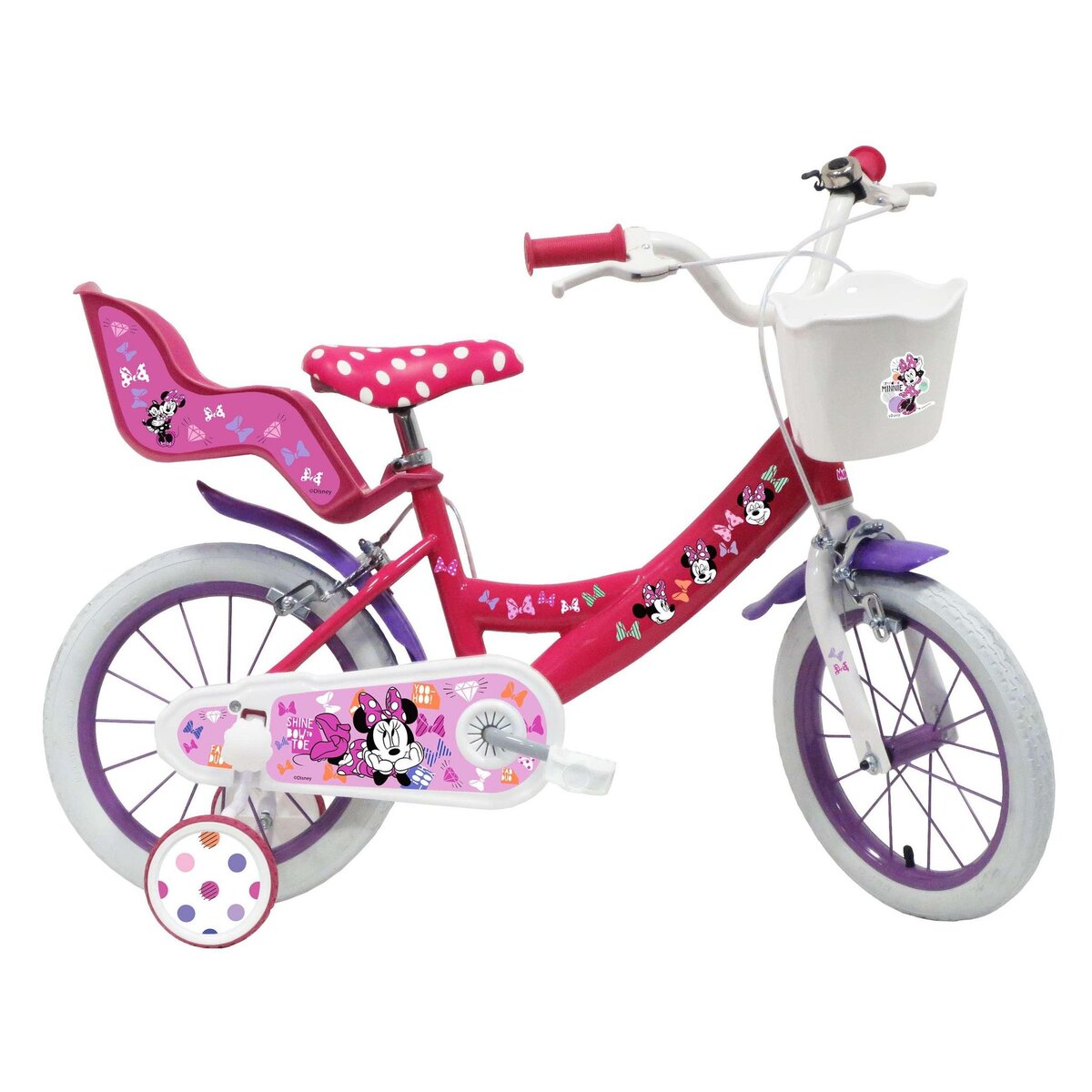 Disney Minnie Vélo enfant 14'' Fille - Modèle Minnie  pour enfant de taille 95 à110 cm - Livré avec stabilisateurs - Panier avant - Porte poupée arrière - 2 freins & Roues gonflables