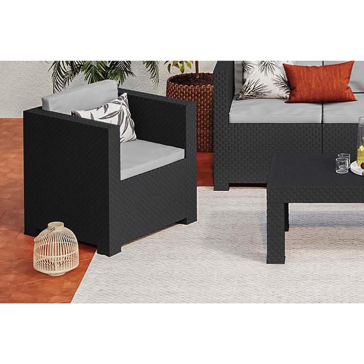 CONCEPT USINE Salon de jardin 5 places effet résine tressée anthracite TROPEA
