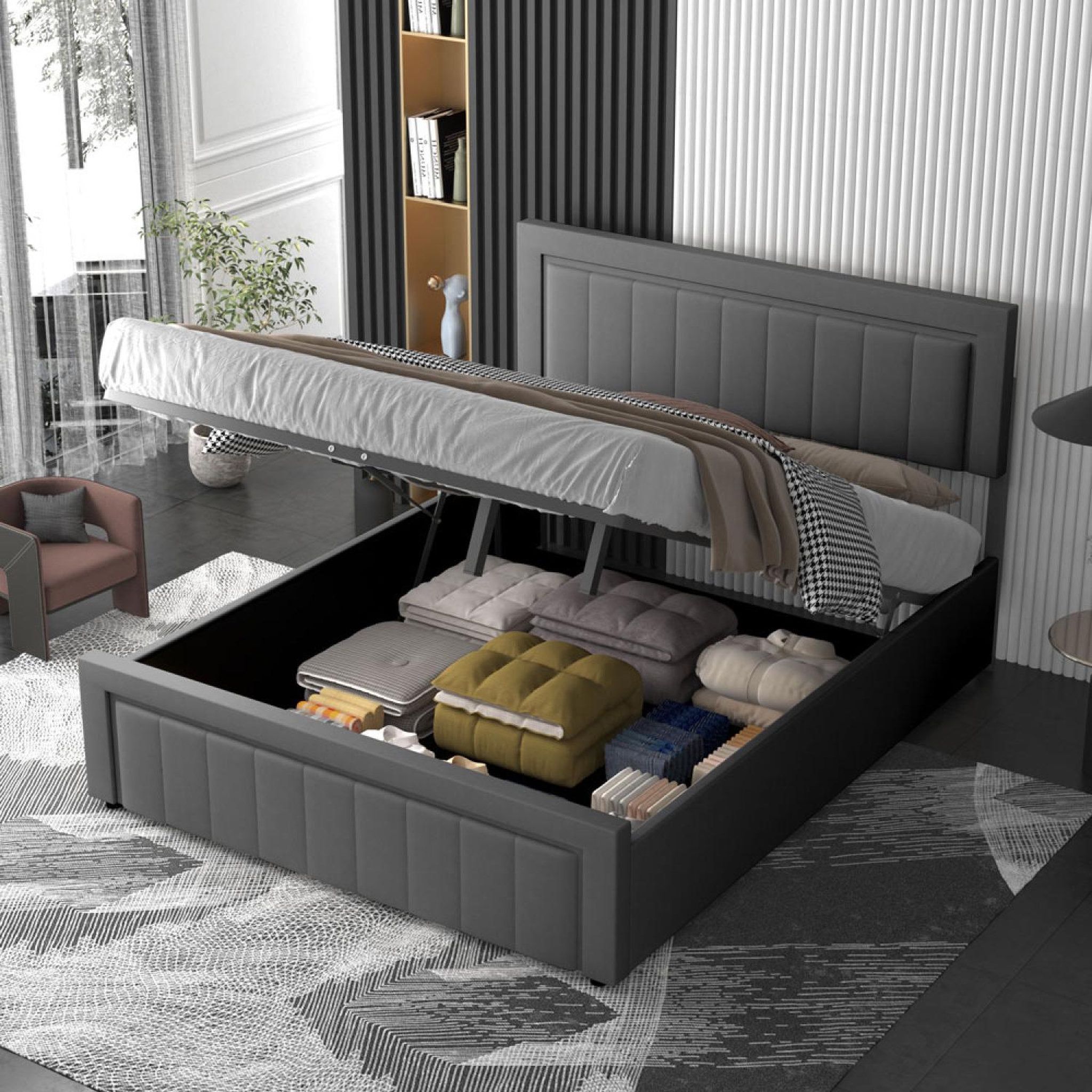 Voir la diapositive 2 : CONCEPT USINE Lit coffre 160x200cm en velours gris nashville