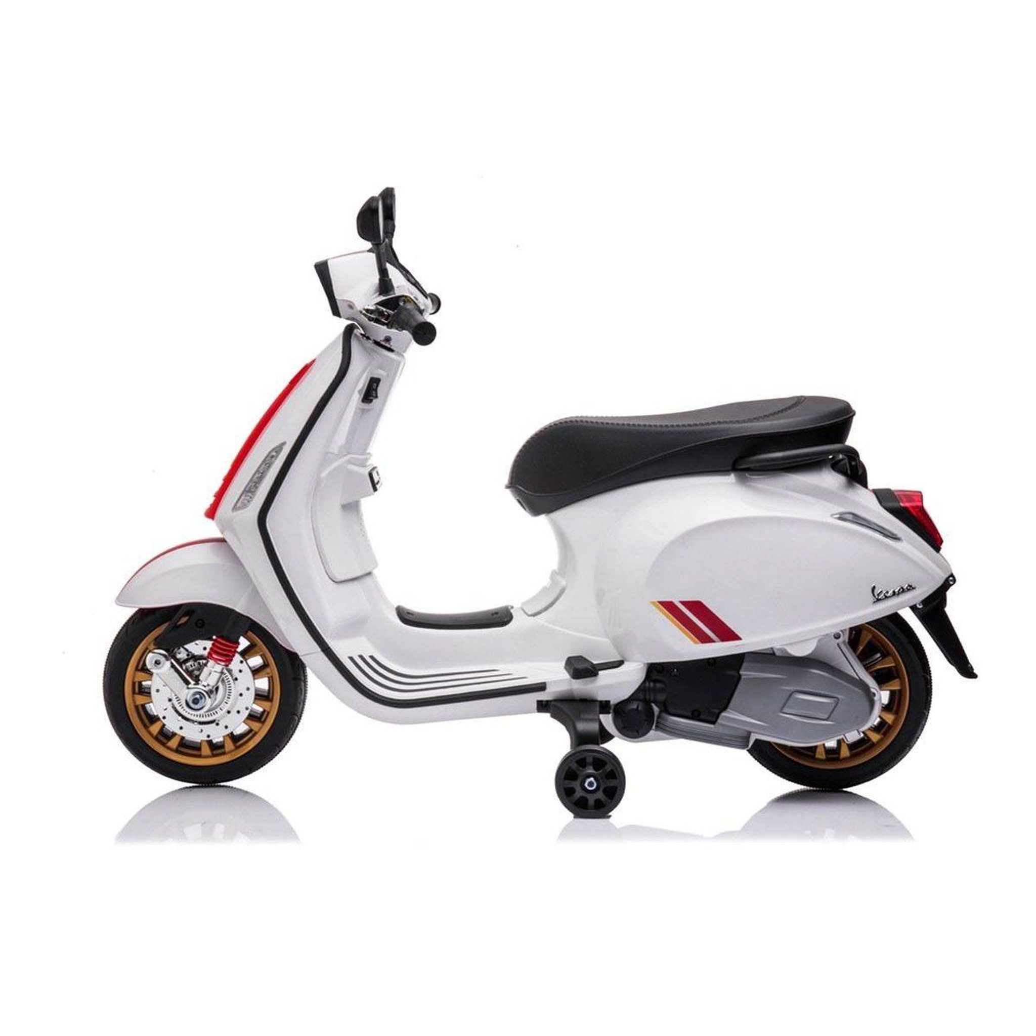 Voir la diapositive 5 : 1001JOUETS Vespa Électrique Enfant - 12V, Roulettes Stabilisatrices, Effets Sonores et Lumineux - Blanc