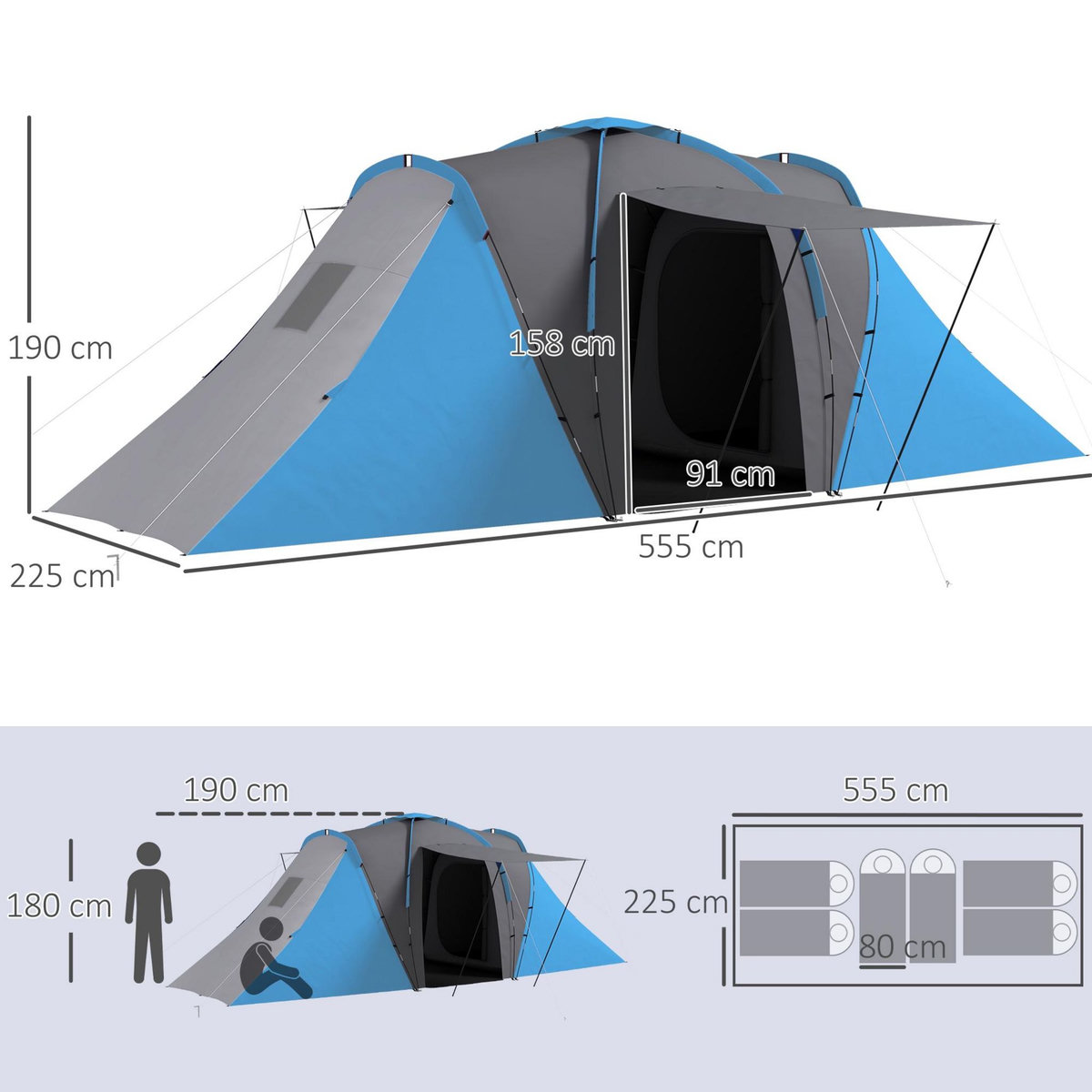 OUTSUNNY Tente de camping familiale 4-6 pers. - tente tunnel 2 grandes portes sac inclus - fibre verre polyester gris bleu