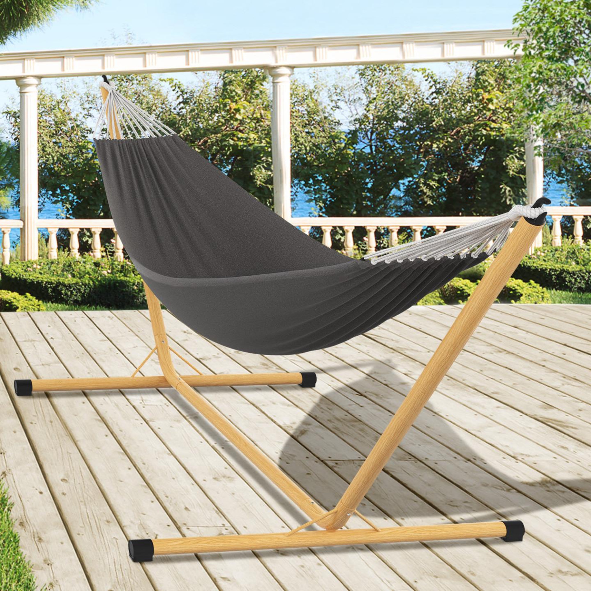 Voir la diapositive 2 : ID MARKET Hamac avec support métal effet bois et toile gris anthracite