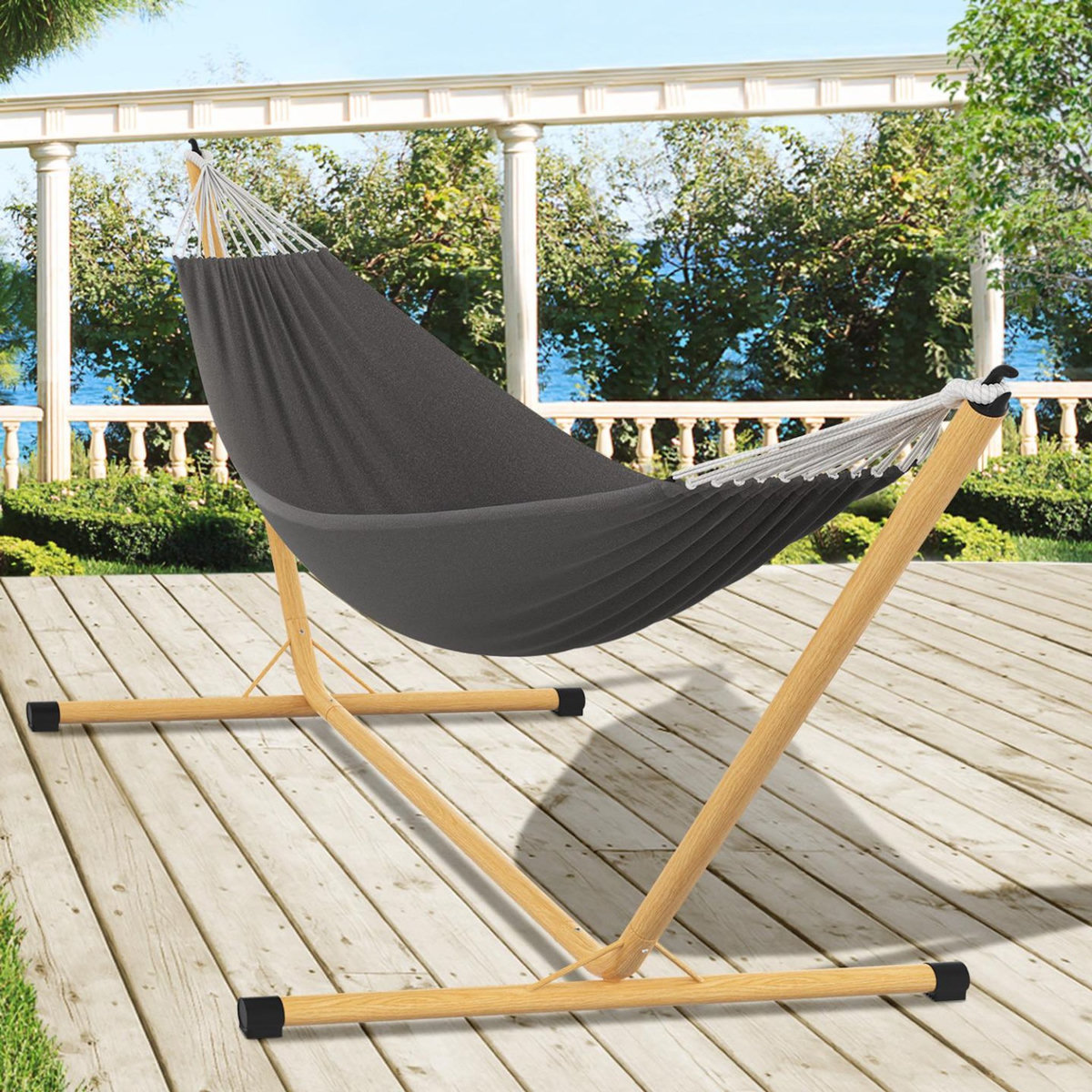 ID MARKET Hamac avec support métal effet bois et toile gris anthracite