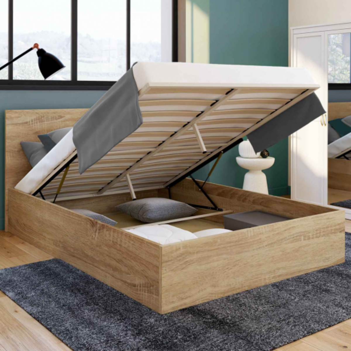 ID MARKET Lit coffre double SEASIDE avec tête de lit et sommier 160 x 200 cm façon hêtre