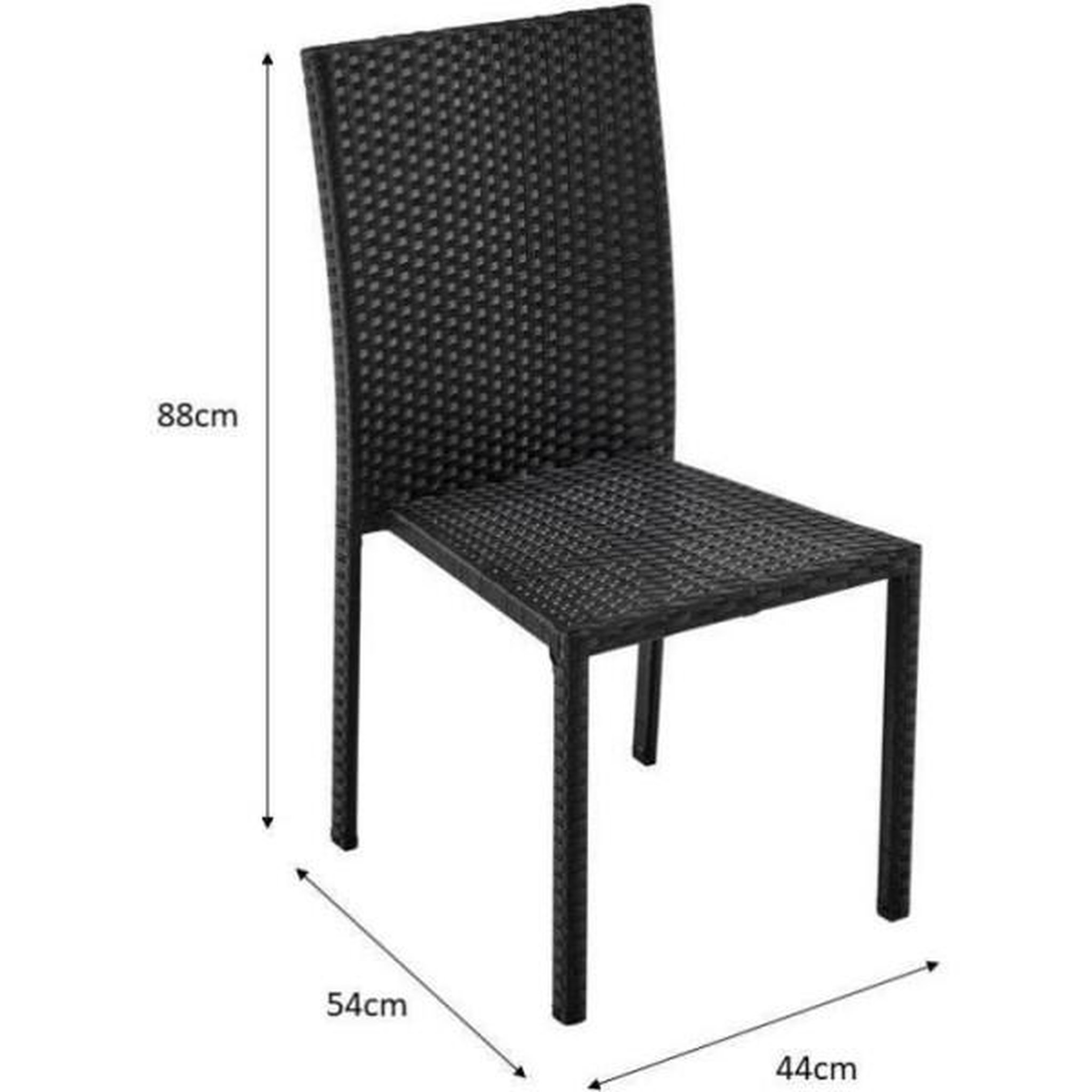Voir la diapositive 5 : MARKET24 Ensemble repas de jardin - plateau en verre trempé et 6 chaises en résine tressée noir - Table 160x80x73 cm - Chaise : 44x54x