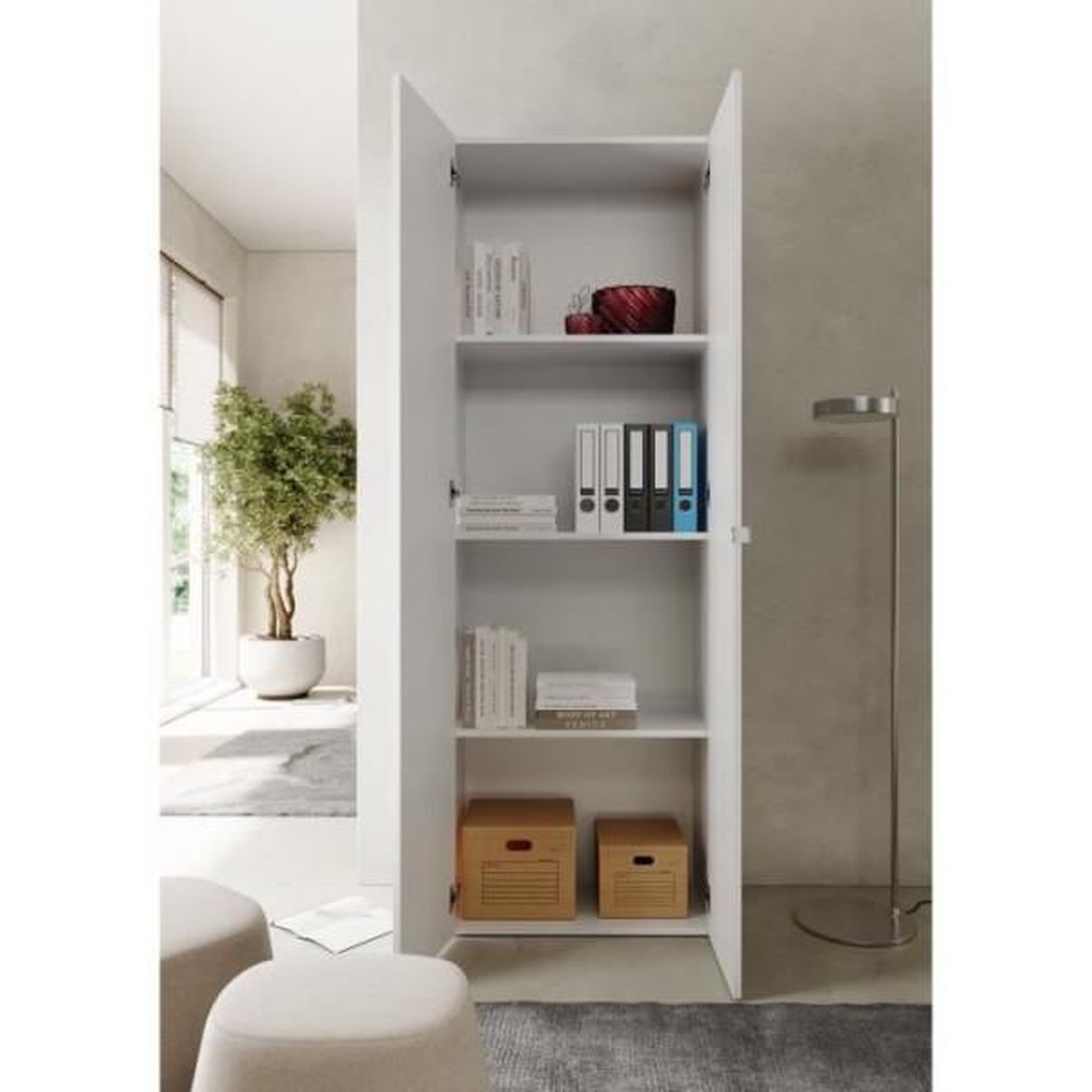 Voir la diapositive 4 : MARKET24 Armoire de rangement - 2 portes - 3 étageres - Blanc laqué - L63 x P35 x H184 cm - PARIGI