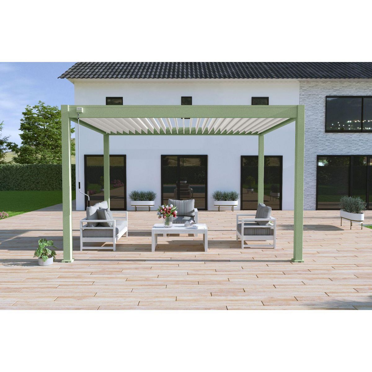 Pergola Bioclimatique autoportée 3x4 m - Aluminium - Vert jade/blanc - VS OmBREA®