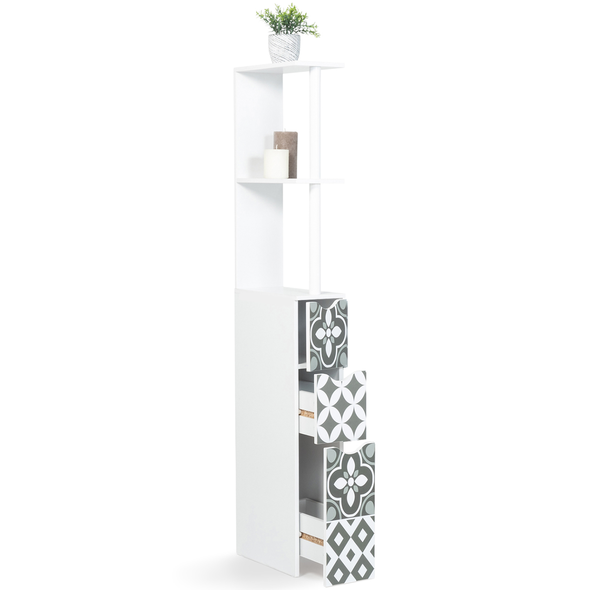 Voir la diapositive 3 : ID MARKET Meuble wc étagère bois willy 3 portes blanc et motif carreaux de ciment gris