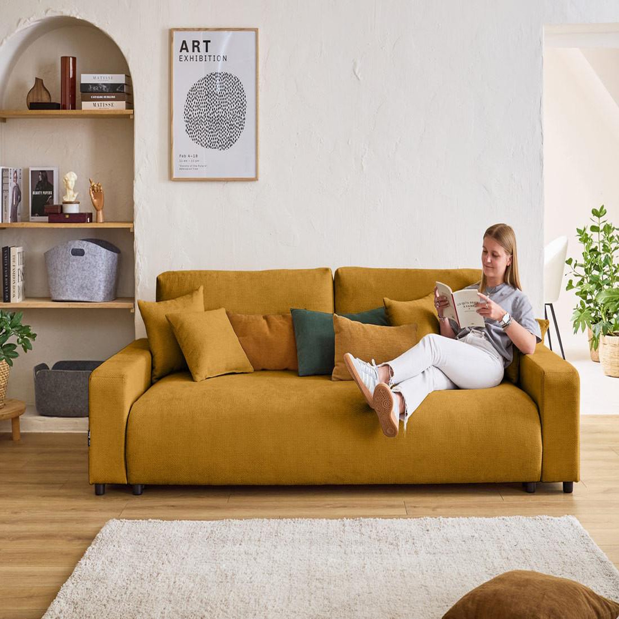 Voir la diapositive 4 : BEST MOBILIER Pivoine - canapé droit 3 places - convertible avec coffre - en velours texturé
