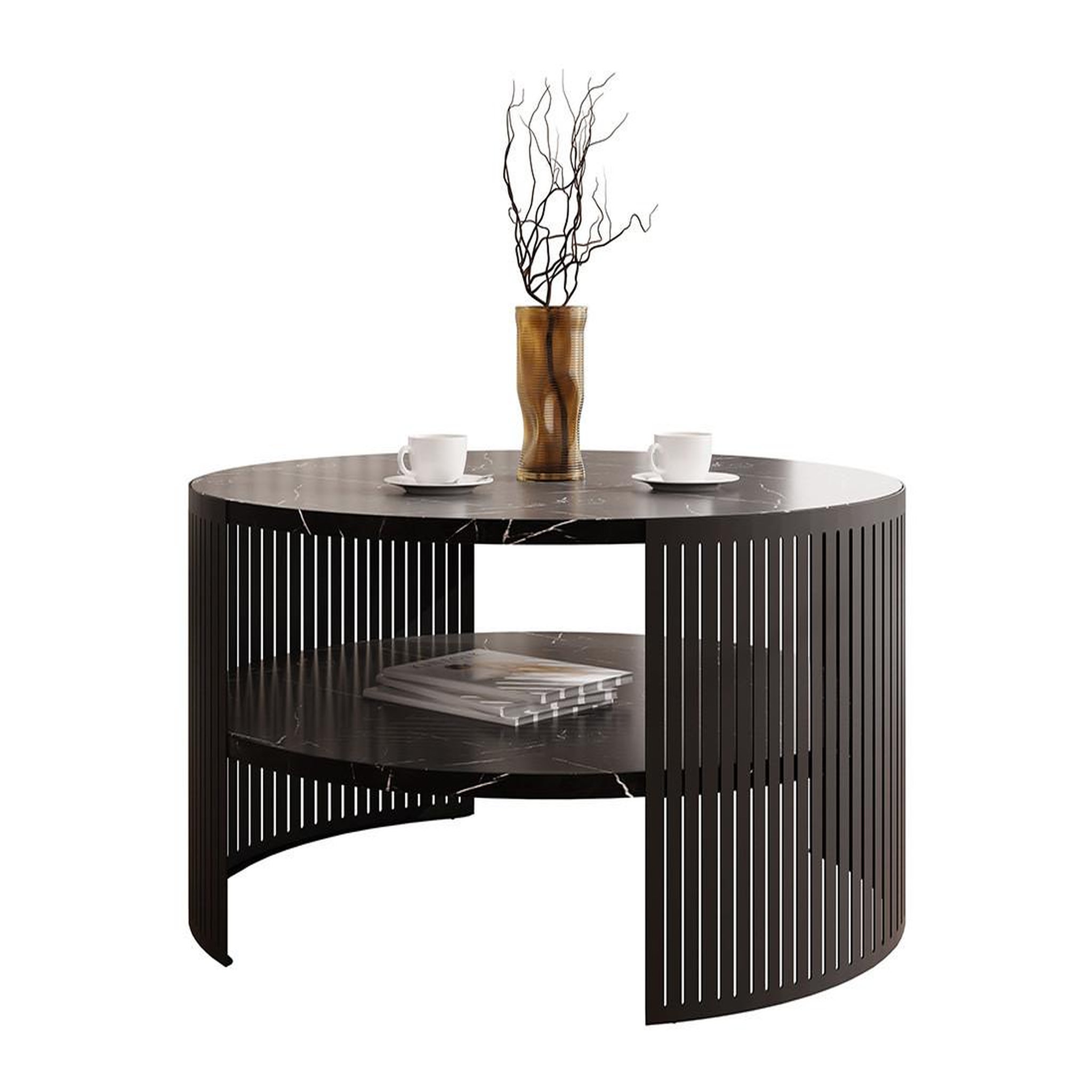 Voir la diapositive 2 : BEST MOBILIER Cruz - table basse ronde - effet marbre noir - 1 niche - 75 cm