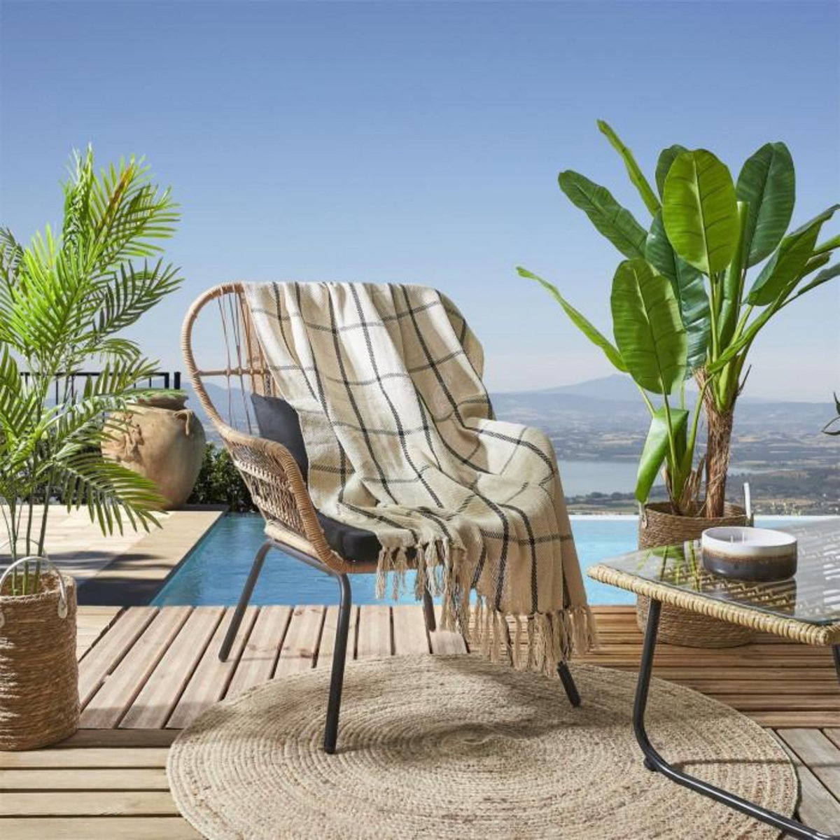 Paris Prix Plaid à Franges  Imprimé  125x150cm Beige & Noir