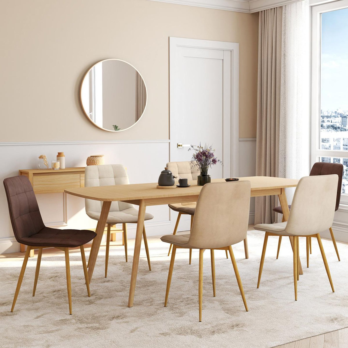 ID MARKET Lot de 6 chaises MILA en velours mix color taupe x2, beige x2, marron x2 et pieds effet bois pour salle à manger