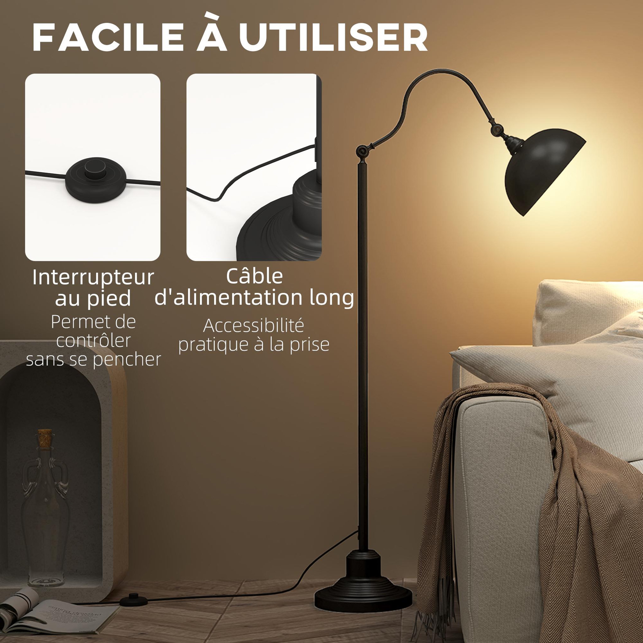 Voir la diapositive 6 : HOMCOM Lampadaire style néo-rétro métal noir - abat-jour réglable - h.152 cm