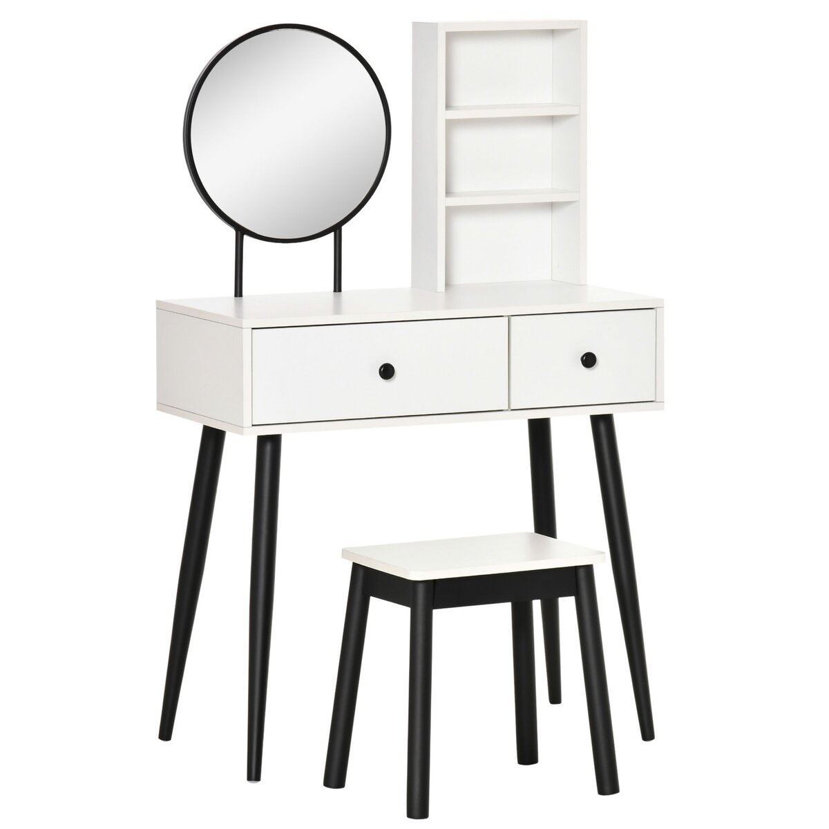 HOMCOM Coiffeuse avec tabouret miroir rond style contemporain - 2 tiroirs, 2 étagères - piètement hévéa noir panneaux particules blanc