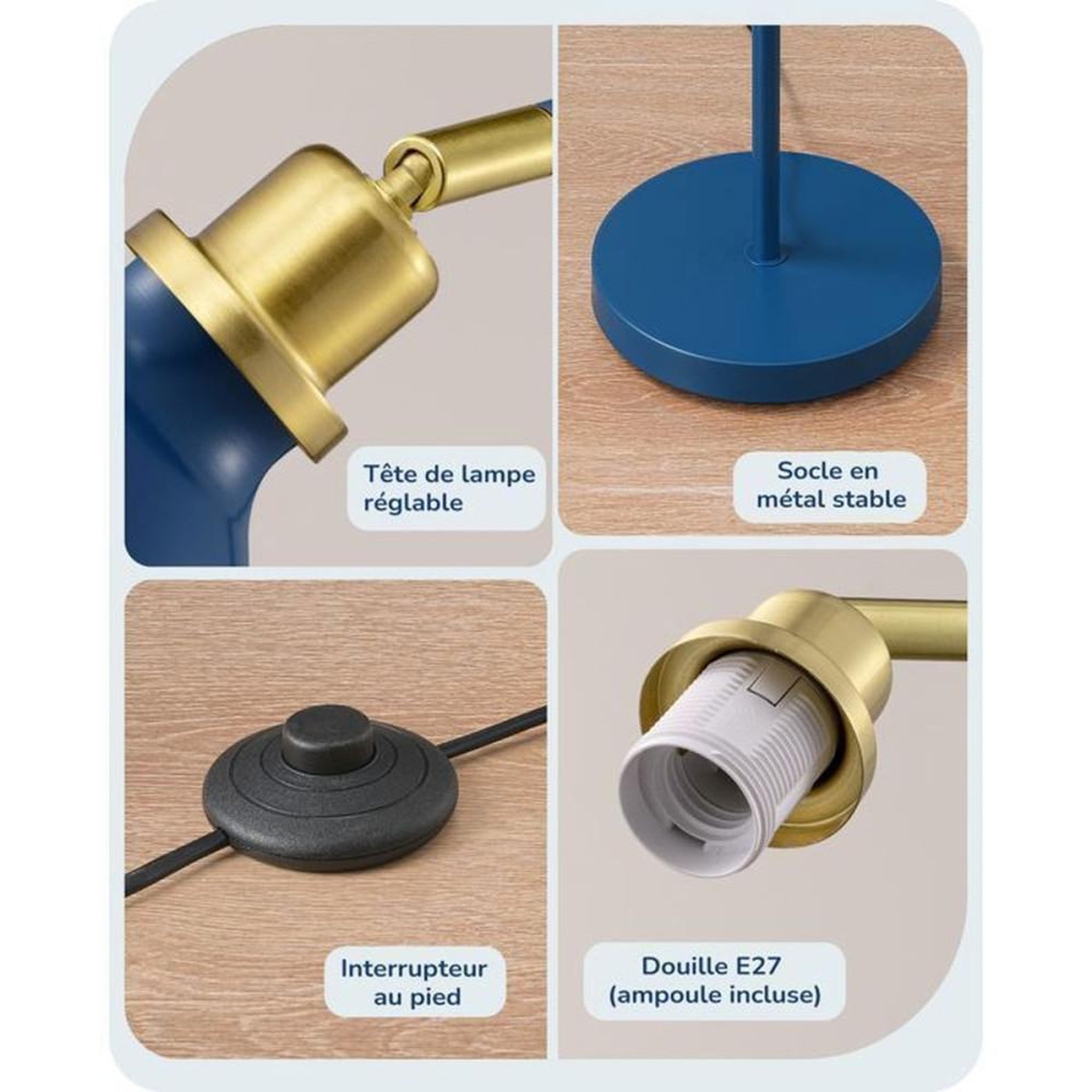 Voir la diapositive 4 : Lampadaire industriel bleu marine 155 cm tête réglable métal E27 LED 2700K