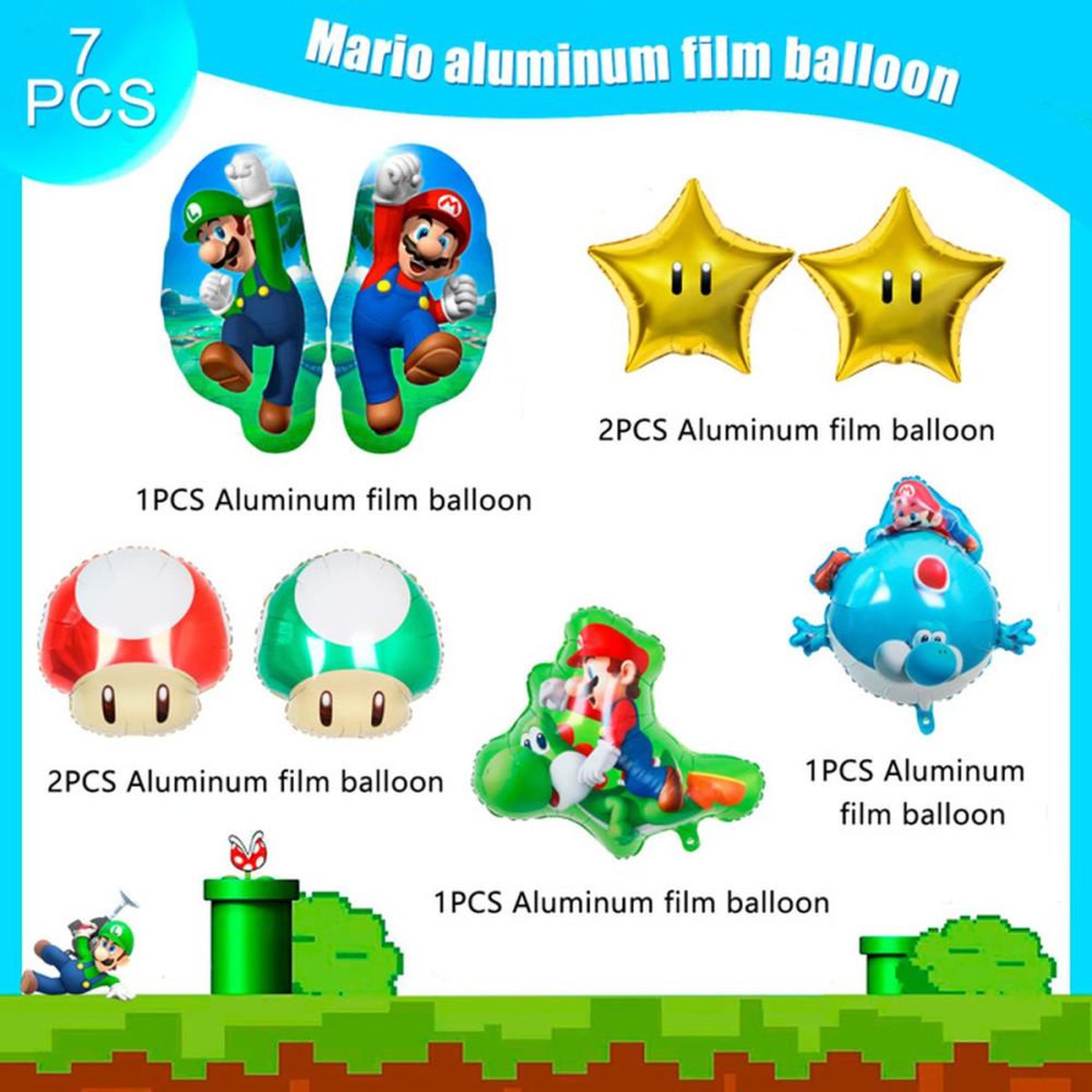 Voir la diapositive 6 : Set de 8 ballons déco anniversaire thème Super Mario pour hélium, ballons aluminium multicolores (personnages, champignons, étoiles)
