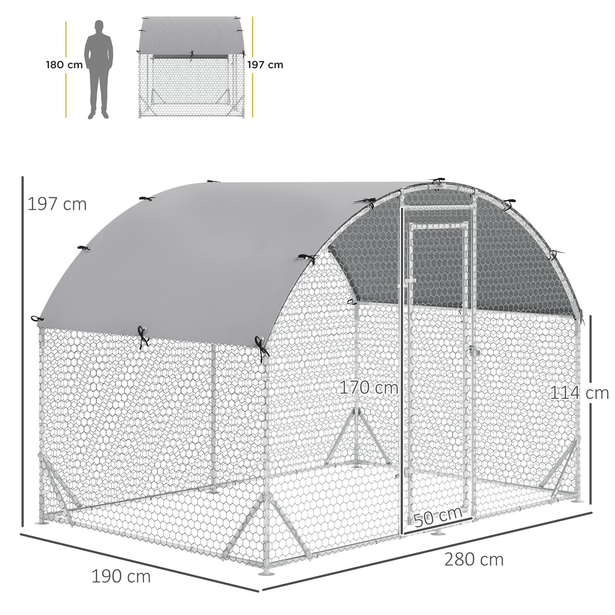 Voir la diapositive 3 : PAWHUT Enclos poulailler chenil couvert 5,32 m² - parc grillagé dim. 2,8L x 1,9l x 1,97H m - acier galvanisé