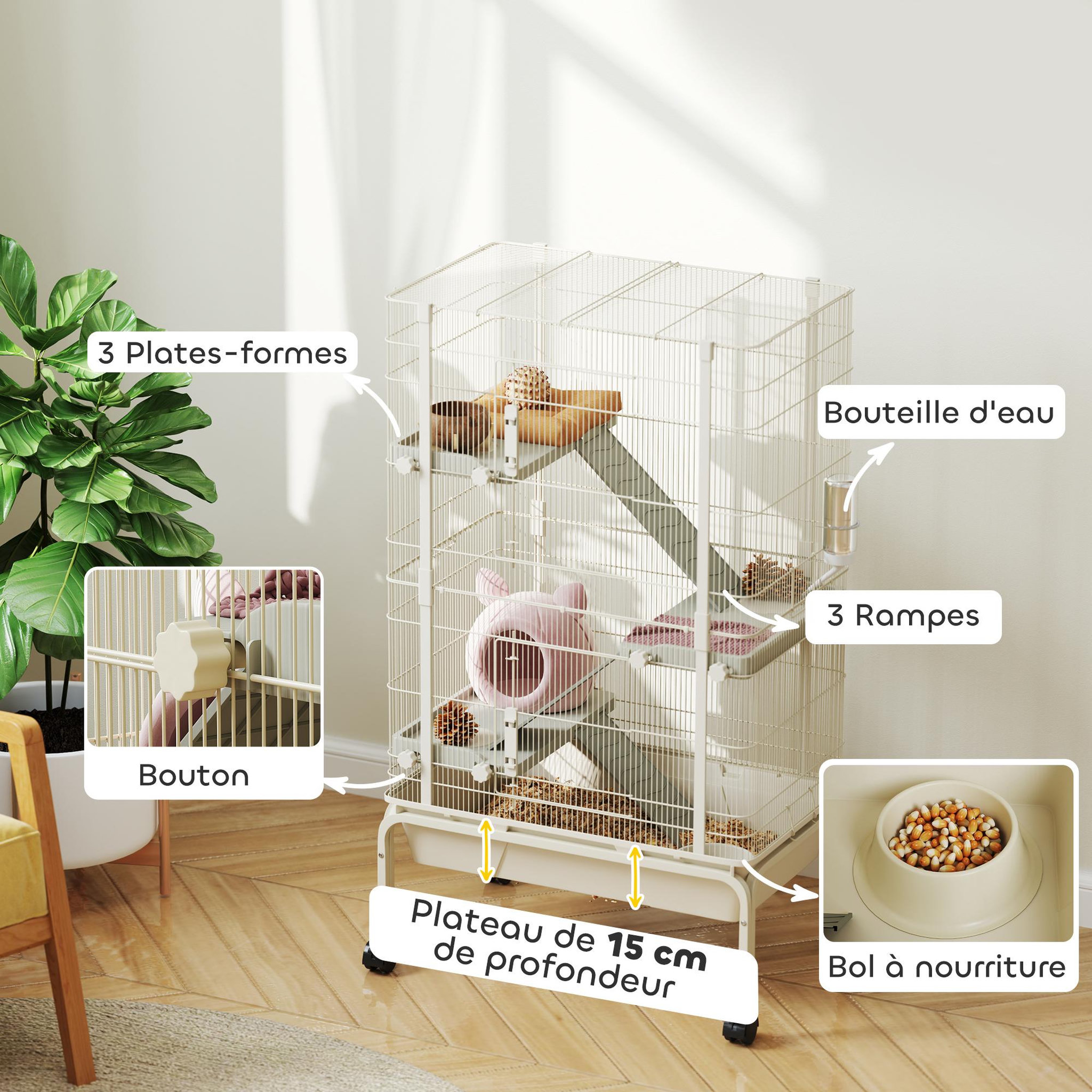 Voir la diapositive 4 : PAWHUT Cage mobile hamster rongeur furet 4 niveaux - 2 portes 3 rampes bac profond roulettes gamelle biberon - 69 x 44 x 120 cm - beige