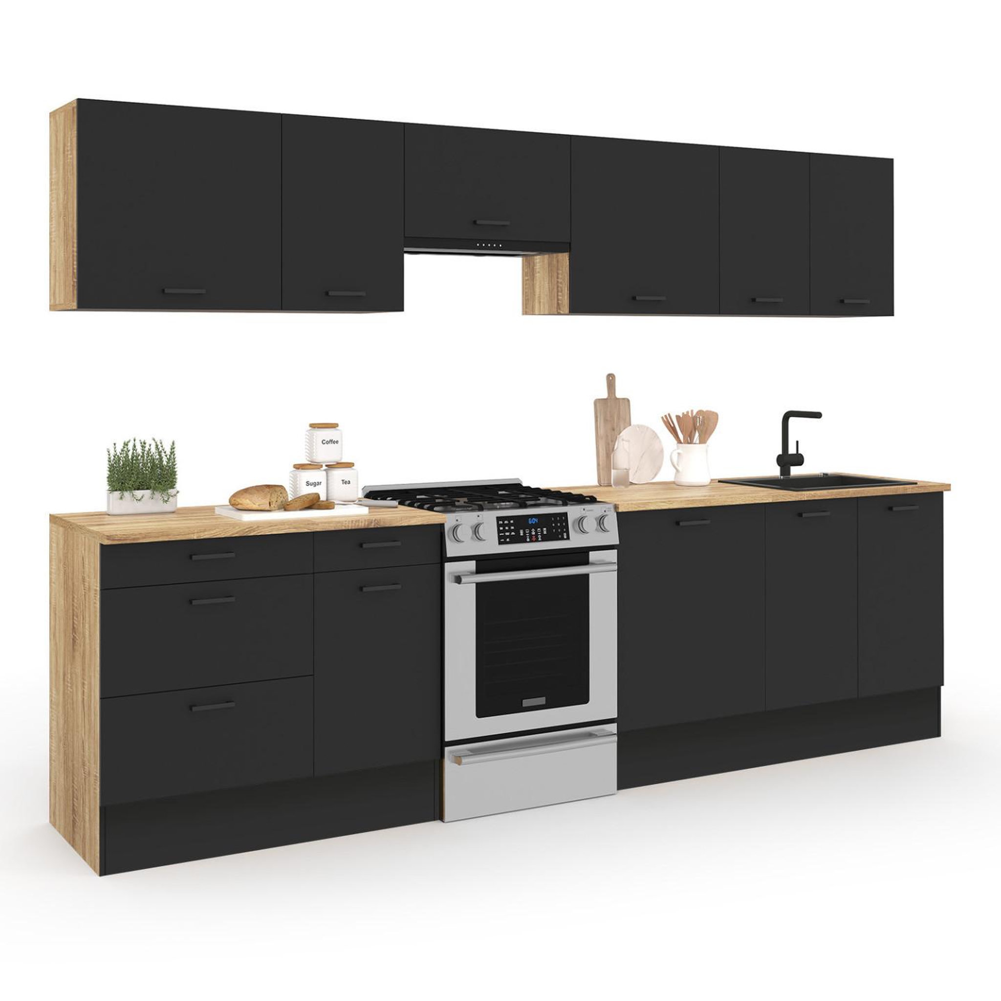 ID MARKET Cuisine complète casserolier 300 cm SUBTIL avec plan de travail 9 éléments bois et noir