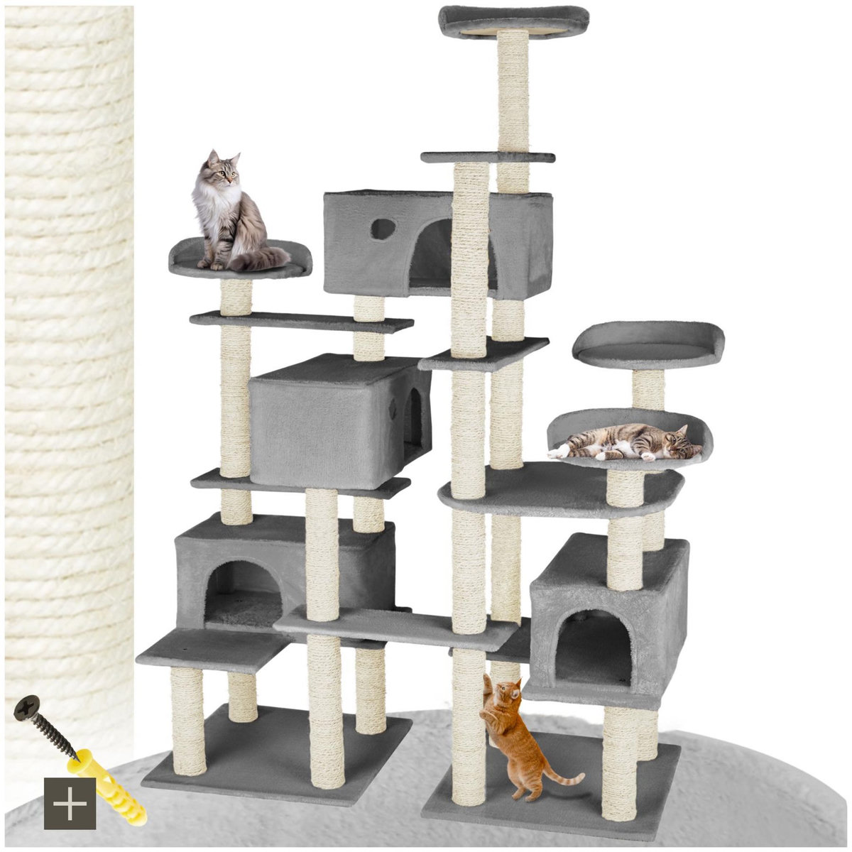 tectake Arbre à chat 214 cm avec griffoir et plateforme d'escalade gris