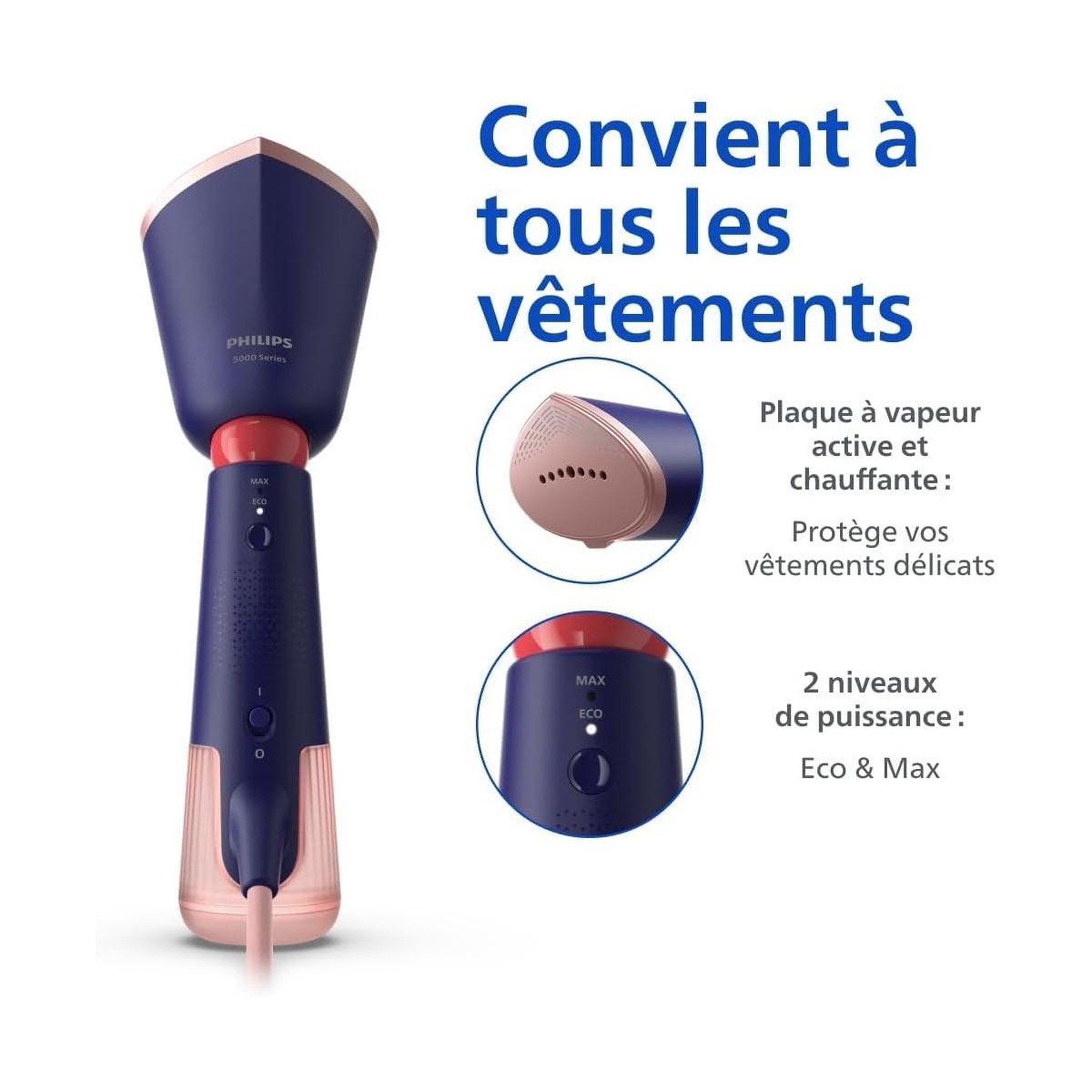 Voir la diapositive 4 : Philips Défroisseur vapeur STH5030/20 Steamer Série 5000 Violet, 35 sec*, 1300W + 2 accessoires