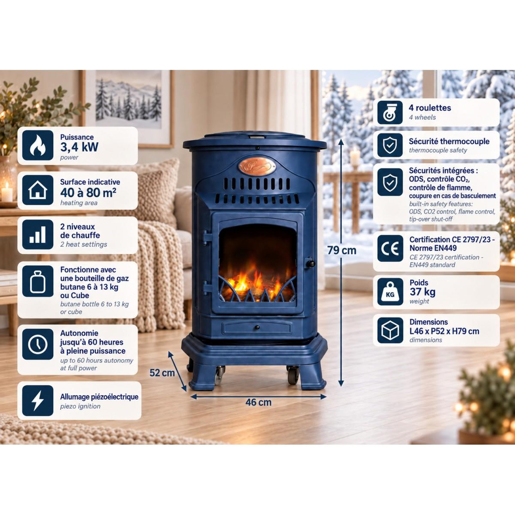 Voir la diapositive 3 : SAHARA Poêle à gaz 3,4kw fonte véritable – chauffage d'appoint design bleu saphir mat - effet feu de bois, sur roues provence sahara