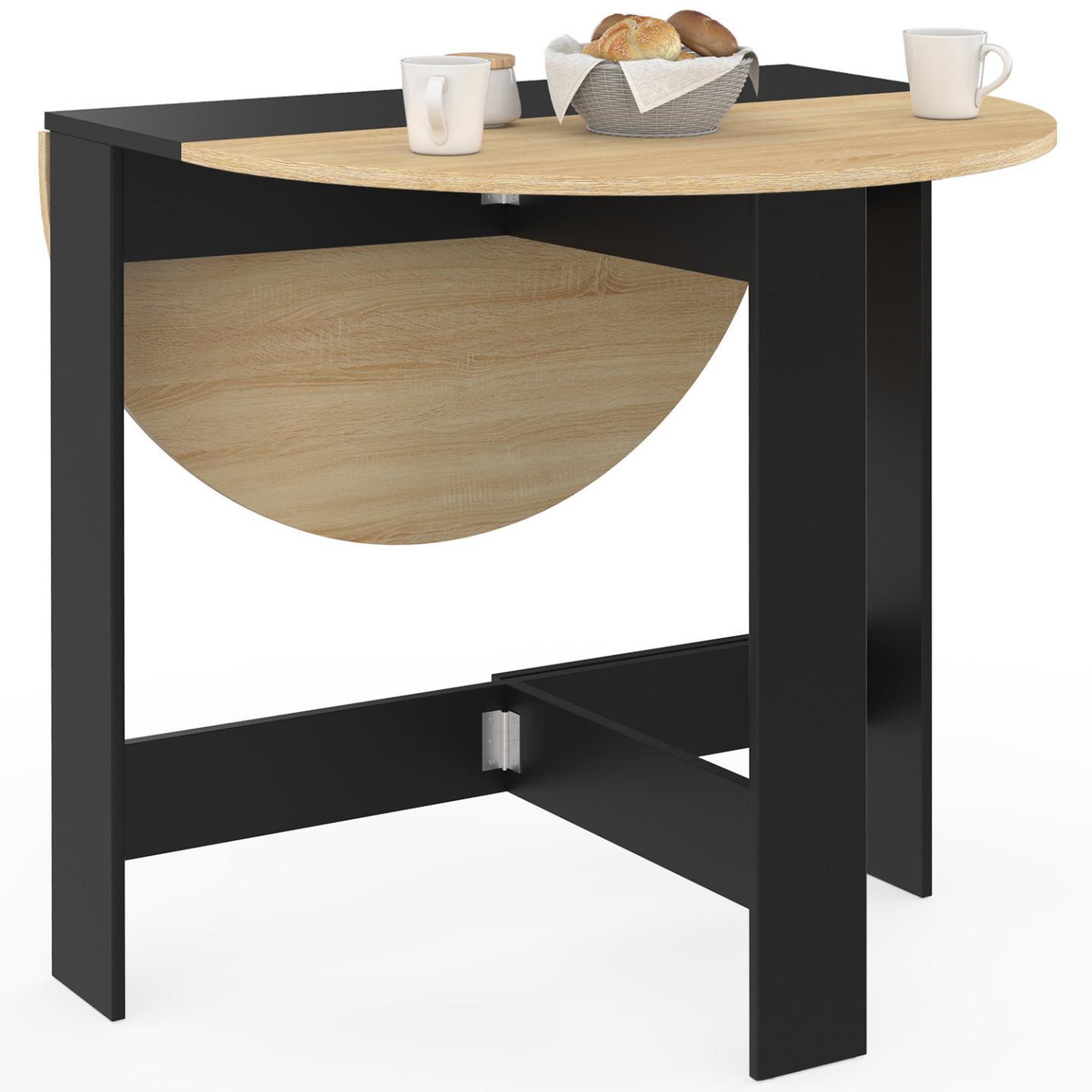 Voir la diapositive 4 : ID MARKET Table console pliable ronde edi 2-4 personnes bois noir plateau façon hêtre 103 x 76 cm